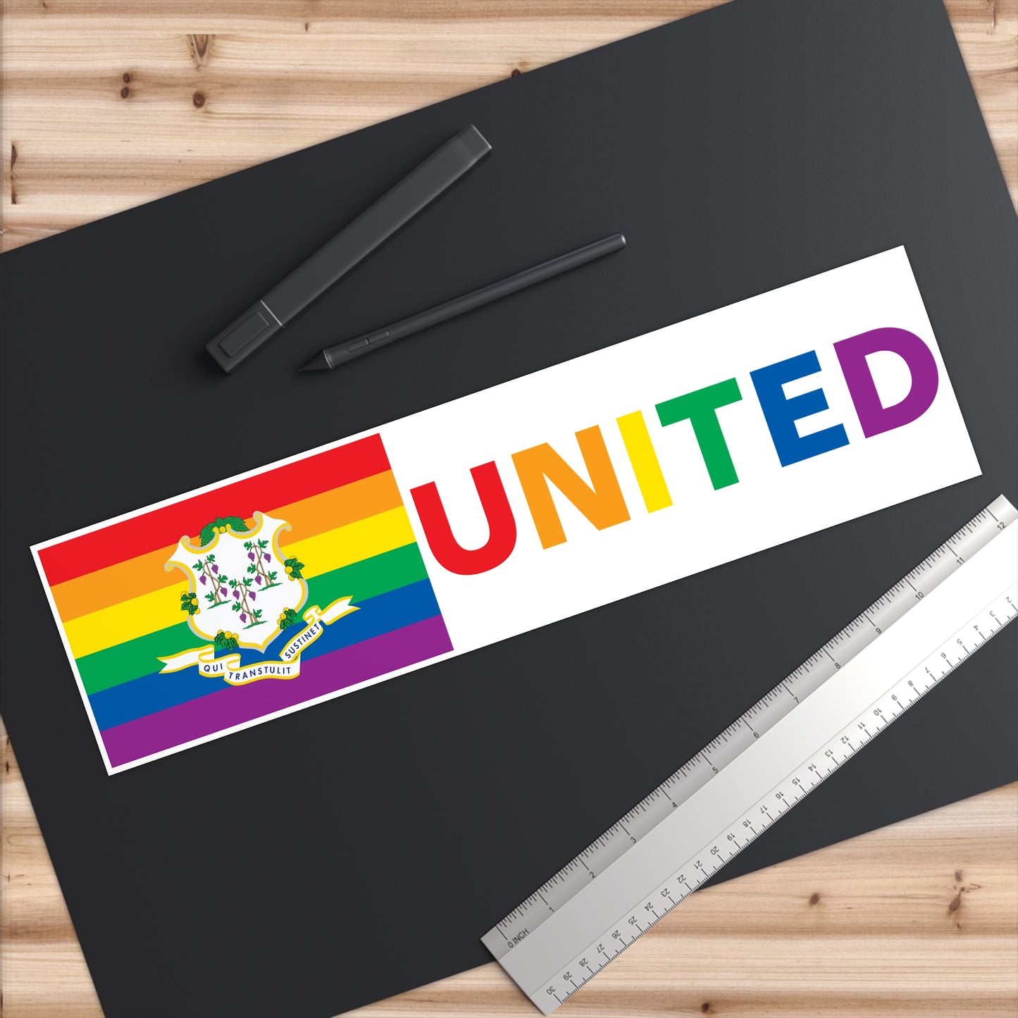 Connecticut Rainbow Pride Flag "UNITED" Bumper Sticker