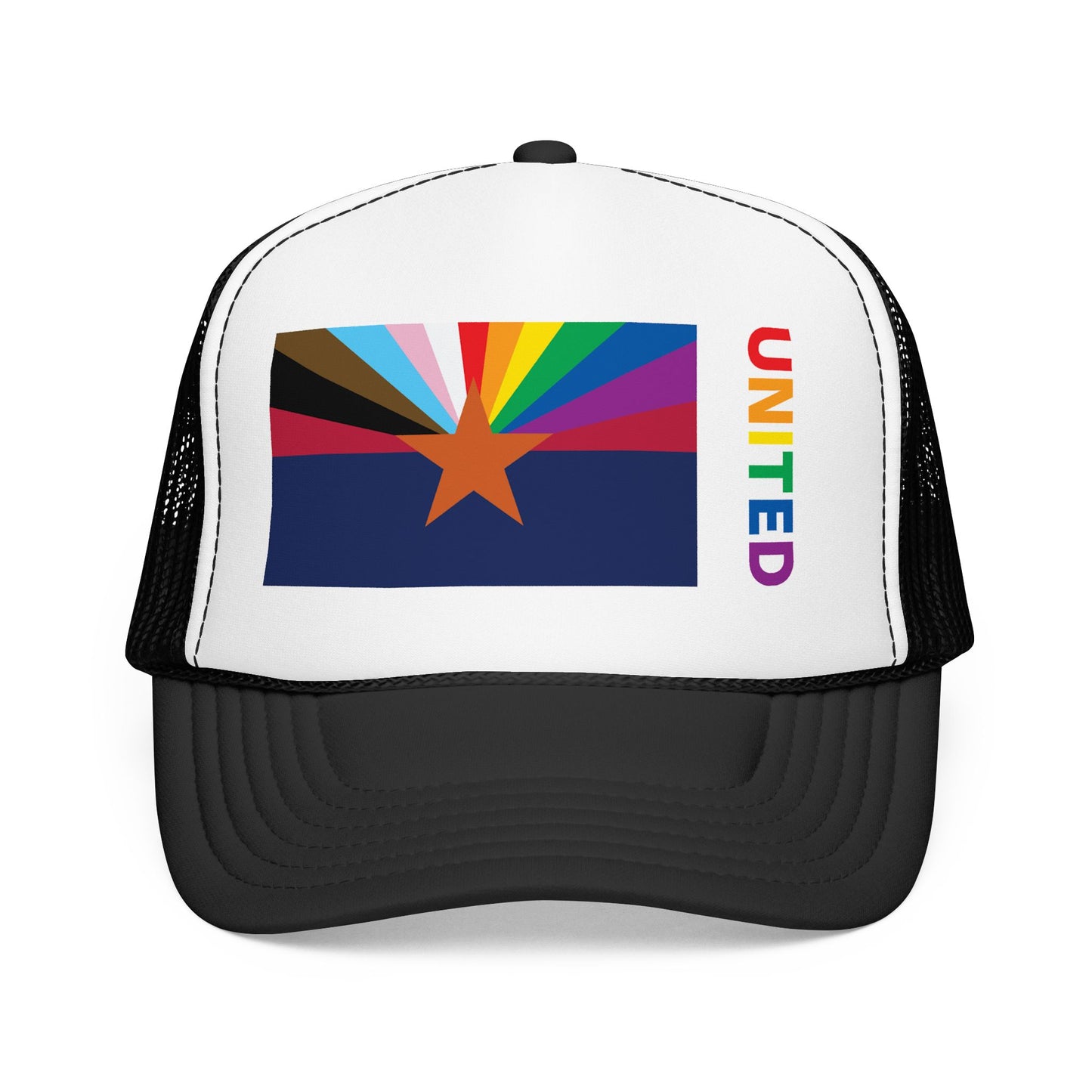 Arizona Rainbow Pride Flag "UNITED" Printed Foam Trucker Hat, Several Color Options