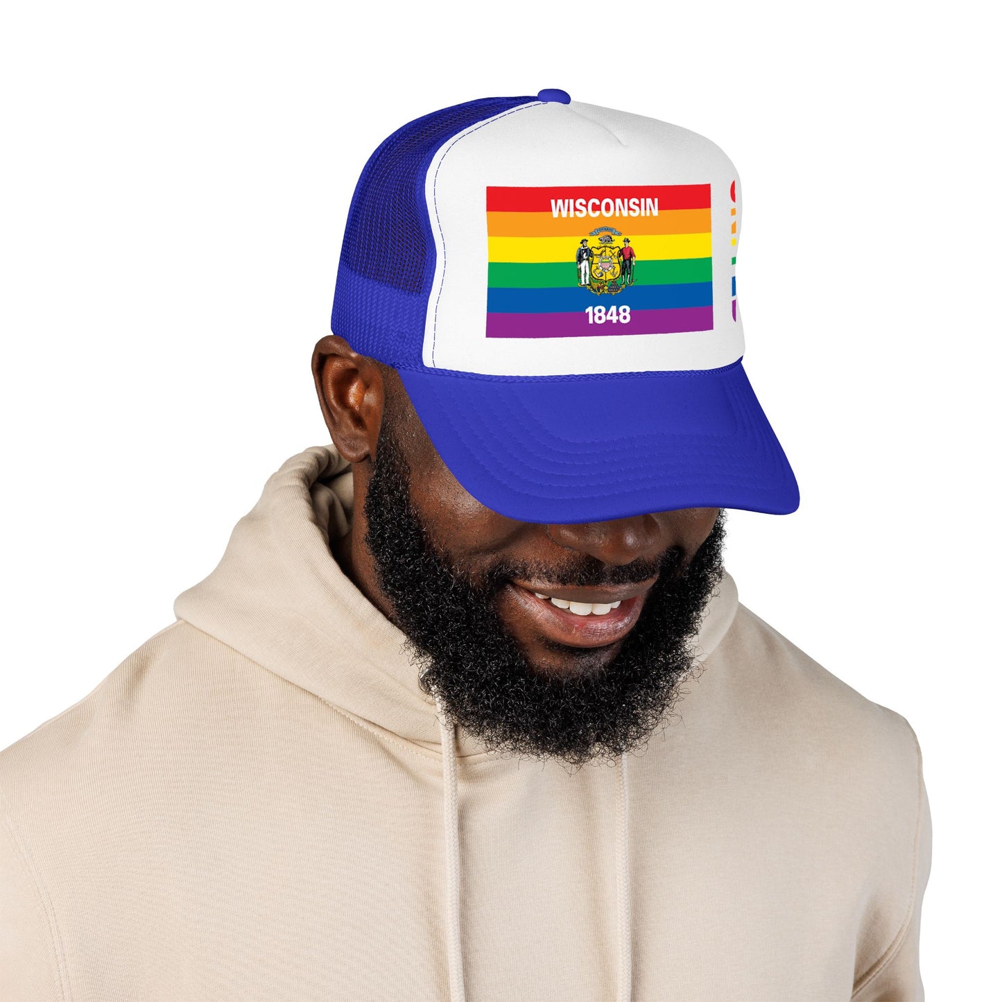 Wisconsin Rainbow Pride Flag "UNITED" Printed Foam Trucker Hat, Several Color Options