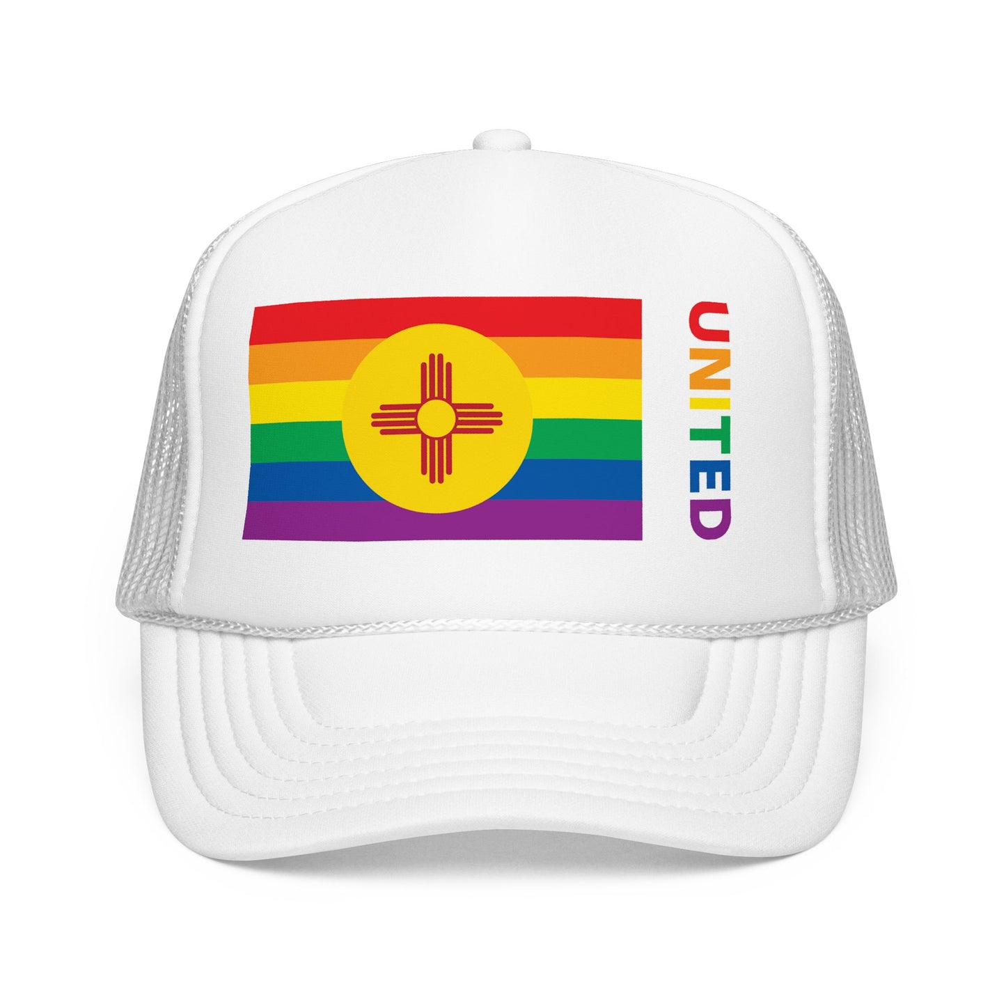 New Mexico Rainbow Pride Flag "UNITED" Printed Foam Trucker Hat, Several Color Options