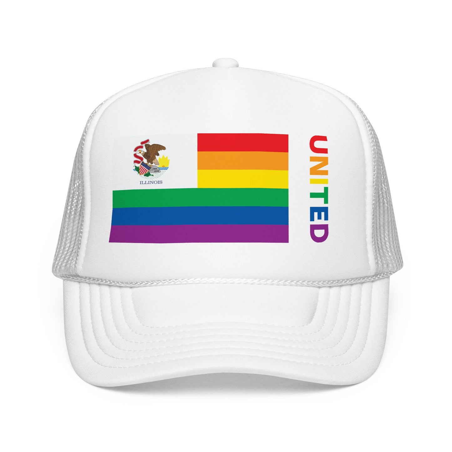 Illinois Rainbow Pride Flag "UNITED" Printed Foam Trucker Hat, Several Color Options