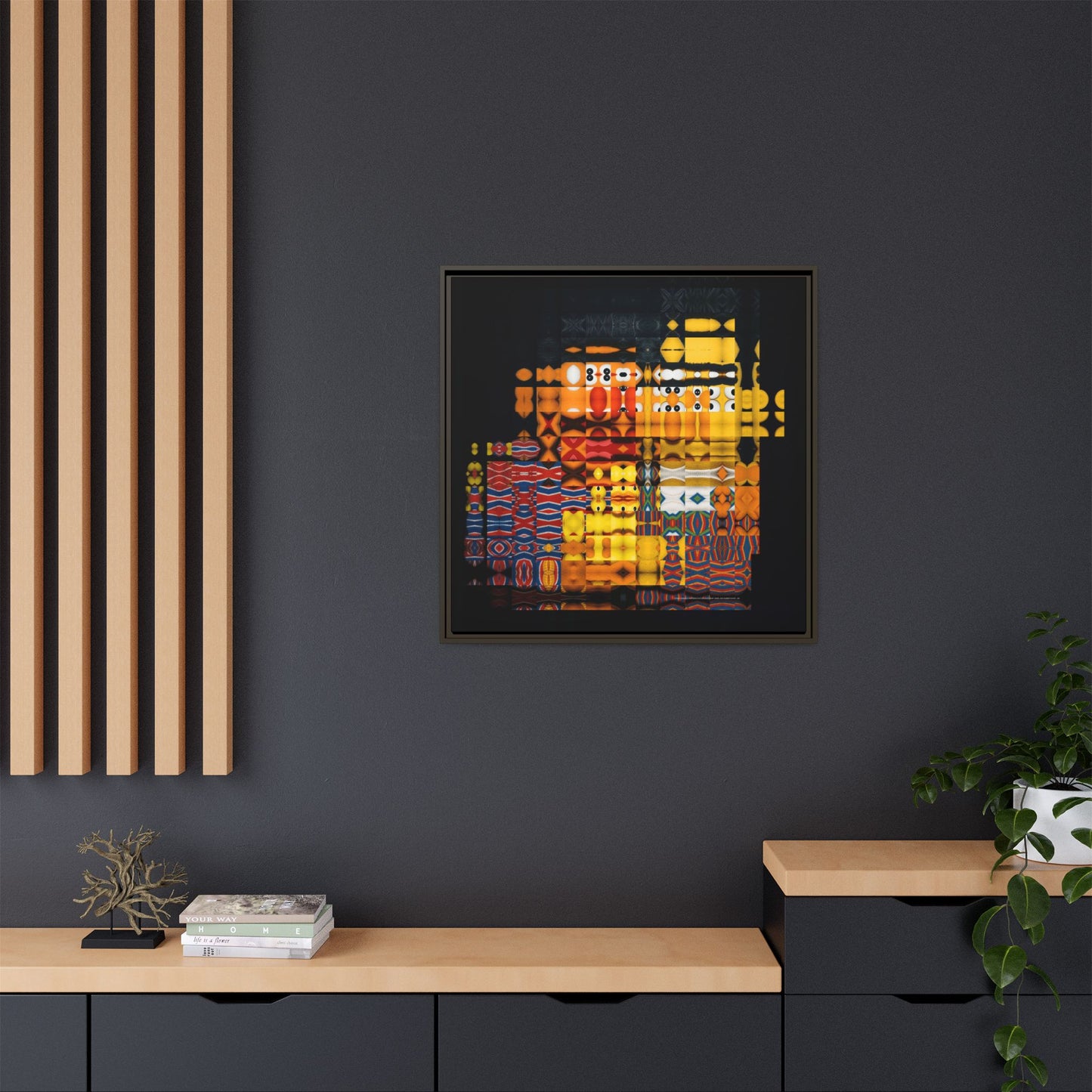 Iconic Domestic Partners in Plain Sight: Bert, Ernie, and Rubber Ducky Abstract Portrait Collage Art — Matte Canvas, Framed (Multi-color options)