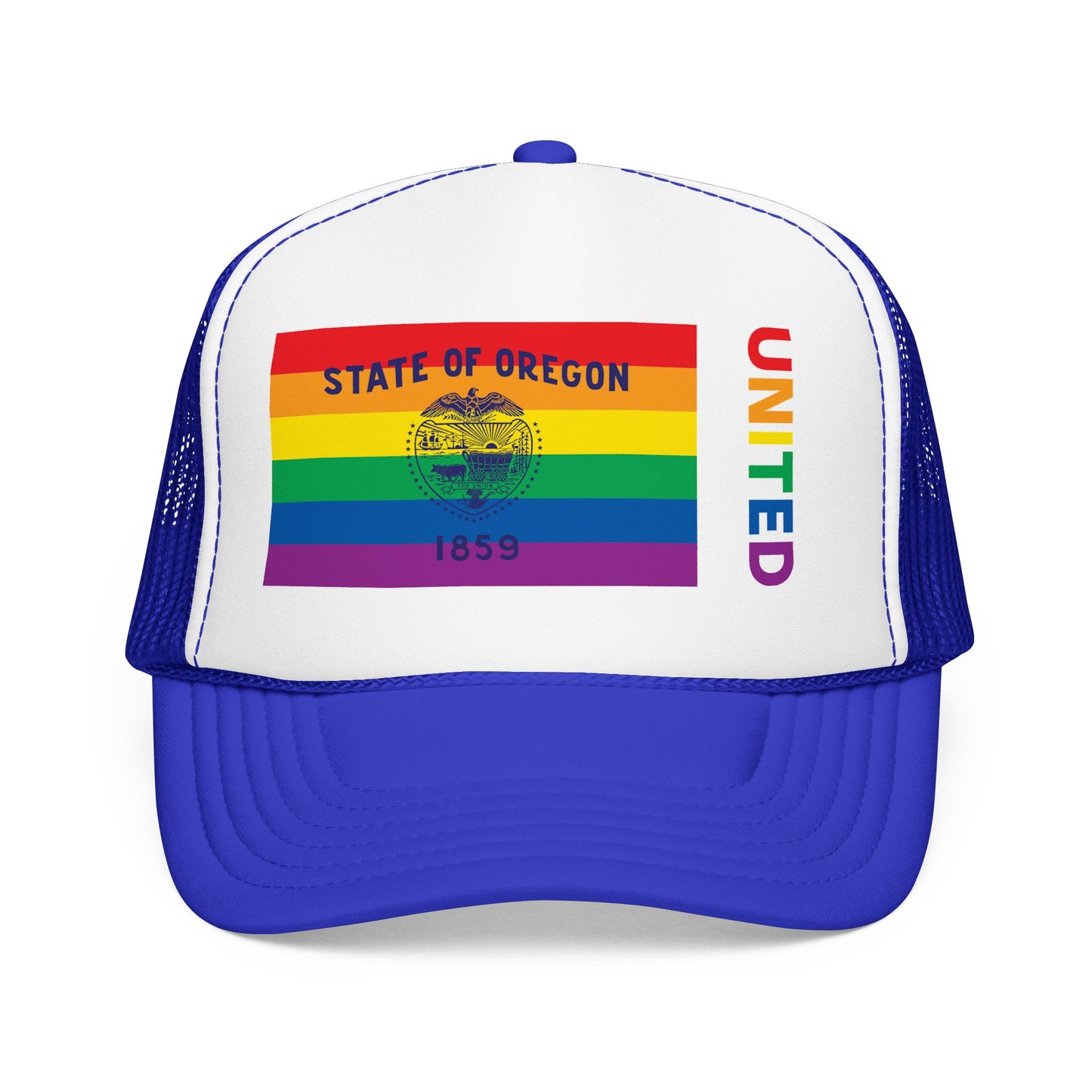 Oregon Rainbow Pride Flag "UNITED" Printed Foam Trucker Hat, Several Color Options