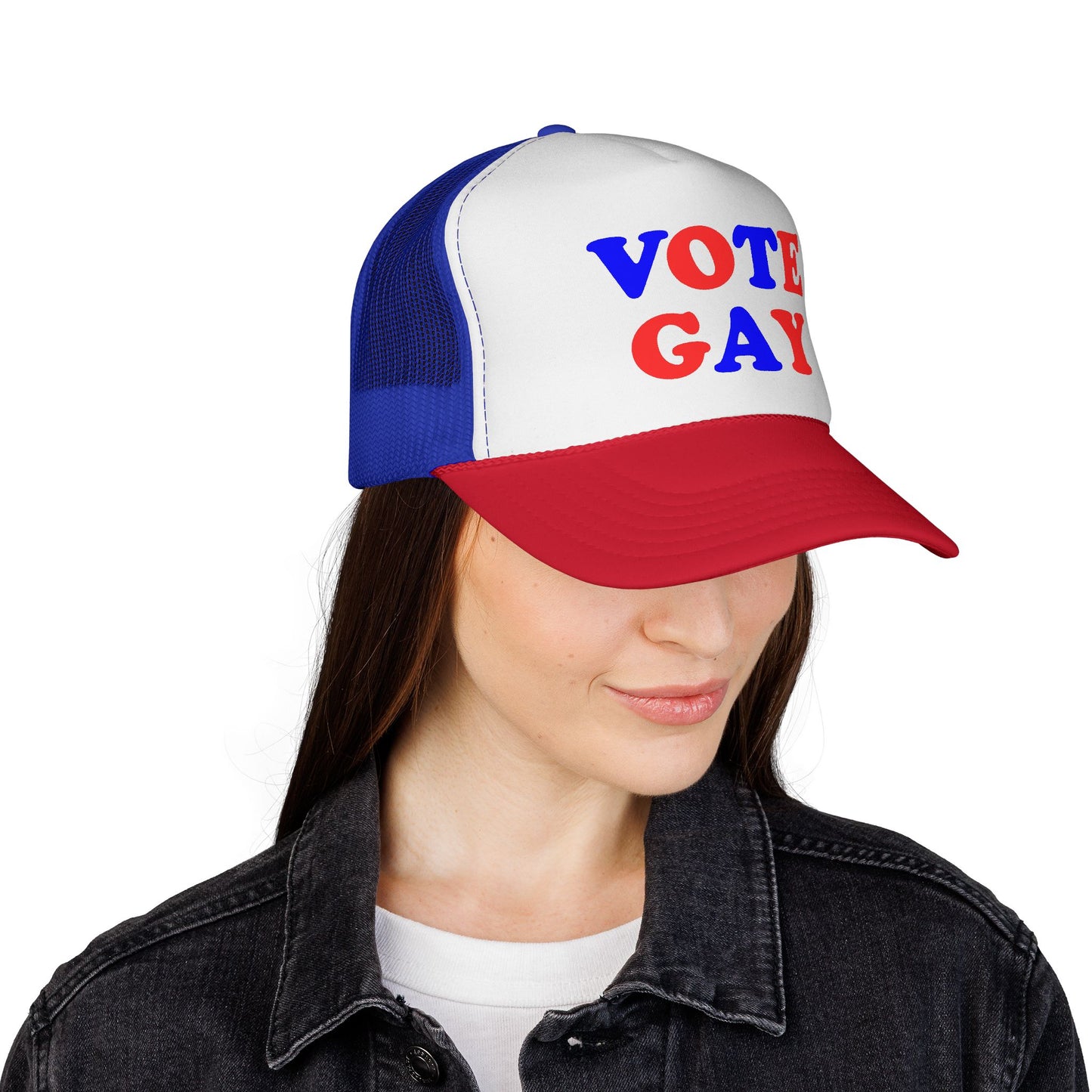 VOTE GAY Trucker Cap: Red, White & Blue — LGBTQIA+ Rights & Equality Statement Hat