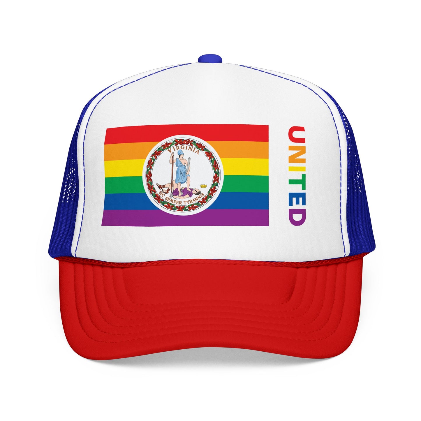 Virginia Rainbow Pride Flag "UNITED" Printed Foam Trucker Hat, Several Color Options