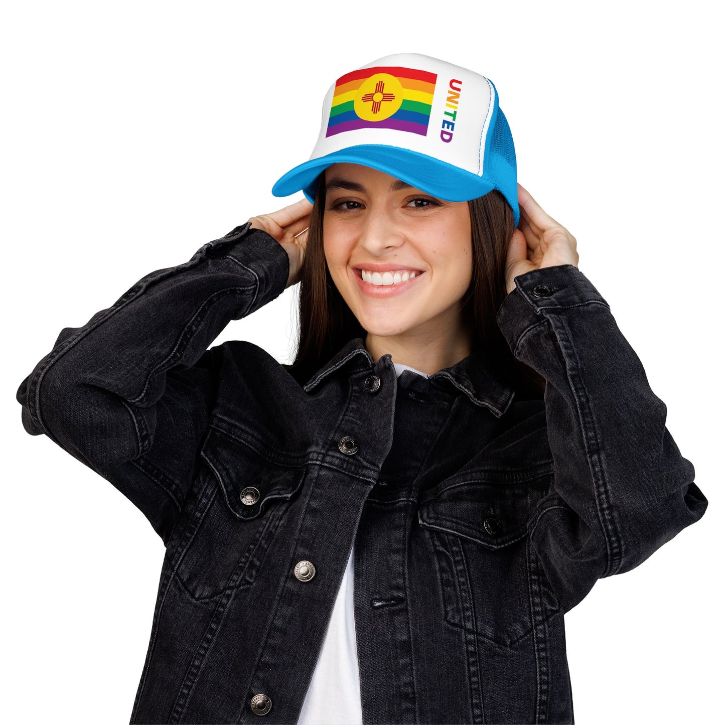 New Mexico Rainbow Pride Flag "UNITED" Printed Foam Trucker Hat, Several Color Options