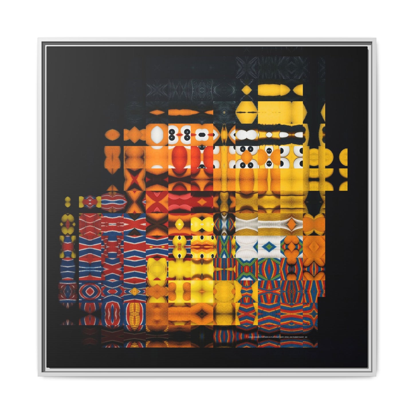 Iconic Domestic Partners in Plain Sight: Bert, Ernie, and Rubber Ducky Abstract Portrait Collage Art — Matte Canvas, Framed (Multi-color options)