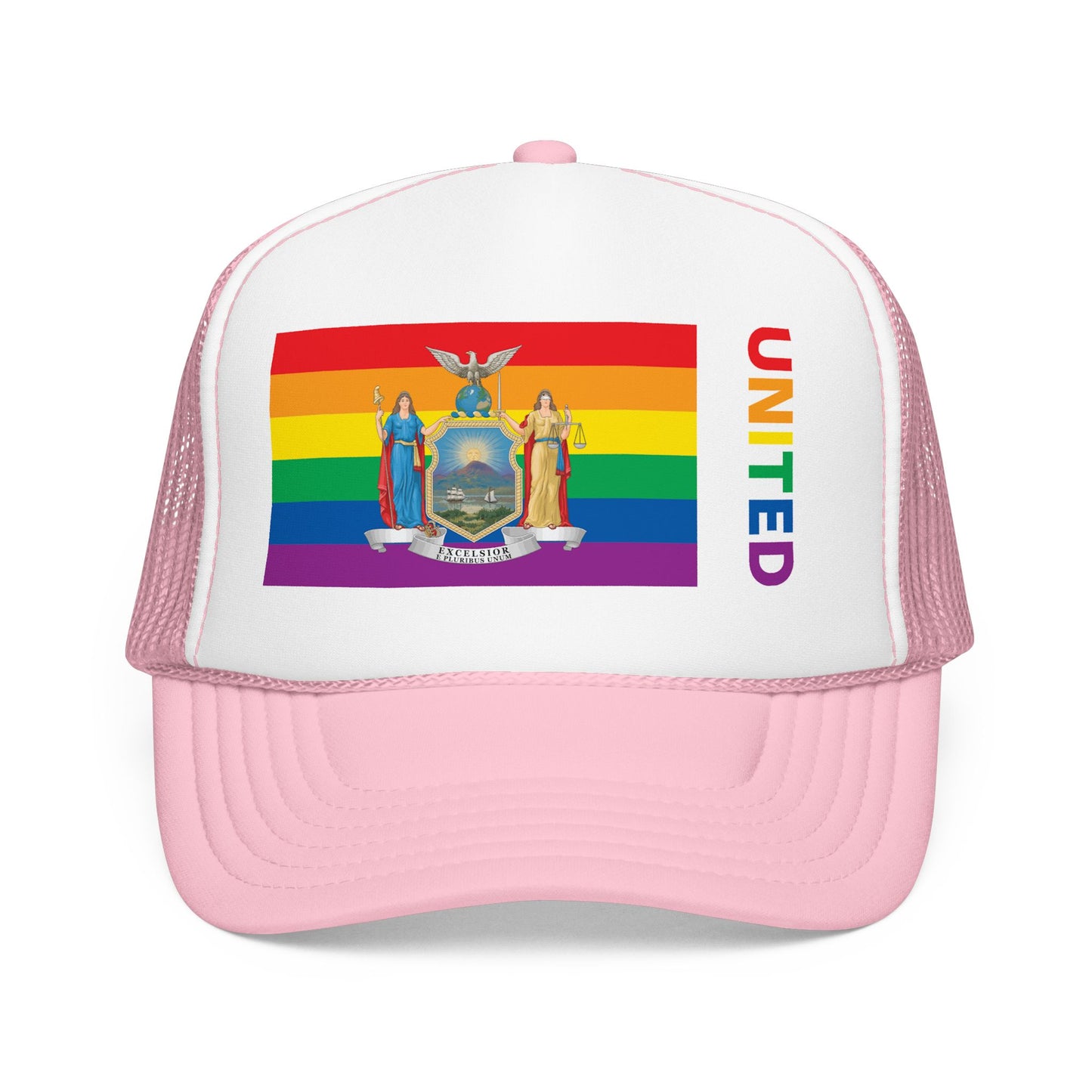 New York Rainbow Pride Flag "UNITED" Printed Foam Trucker Hat, Several Color Options
