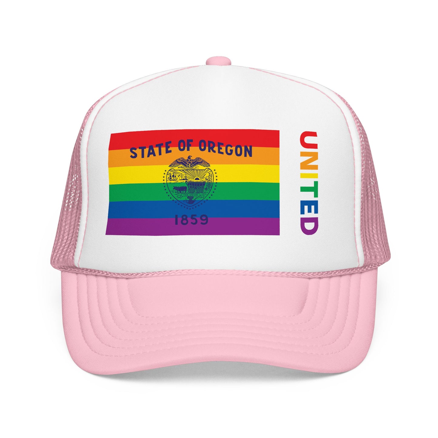 Oregon Rainbow Pride Flag "UNITED" Printed Foam Trucker Hat, Several Color Options