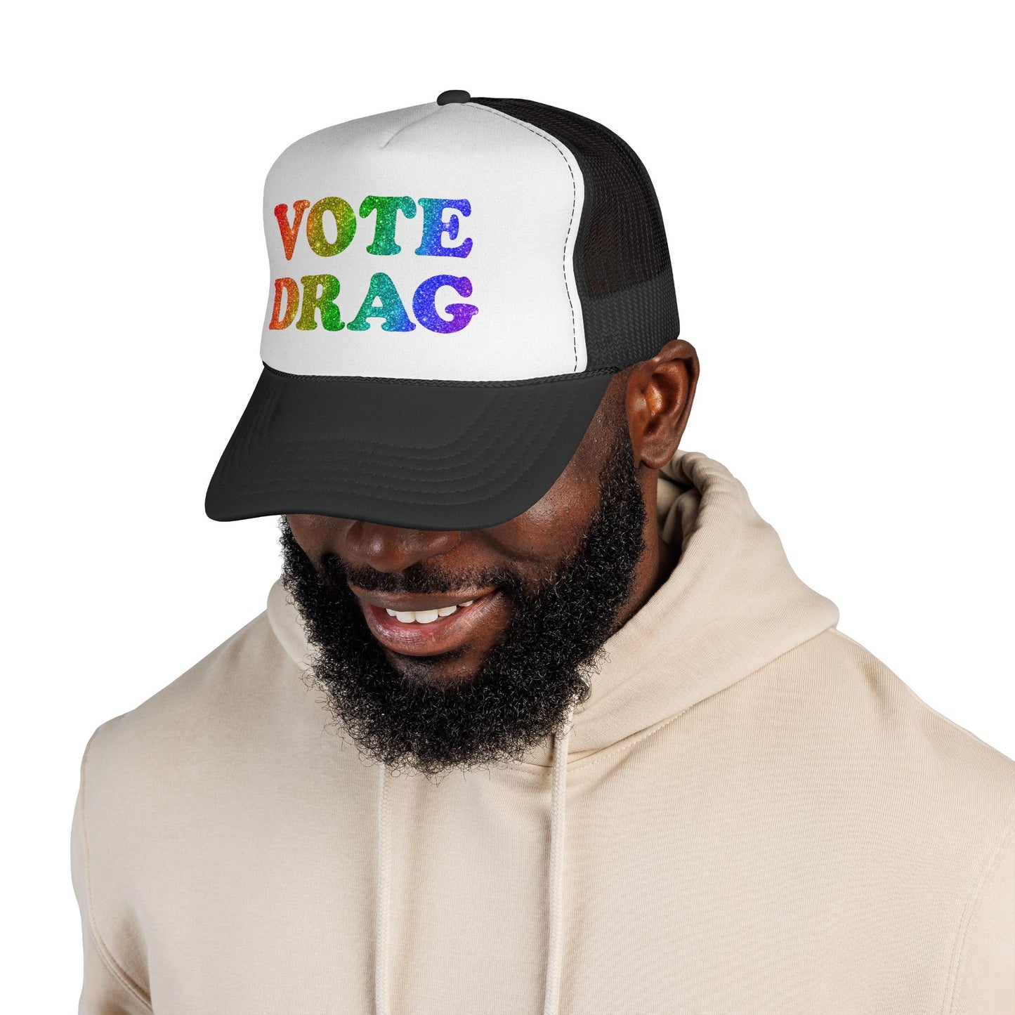 VOTE DRAG Trucker Cap: Rainbow Glitter — Drag Visibility & Creative Freedom Statement Hat