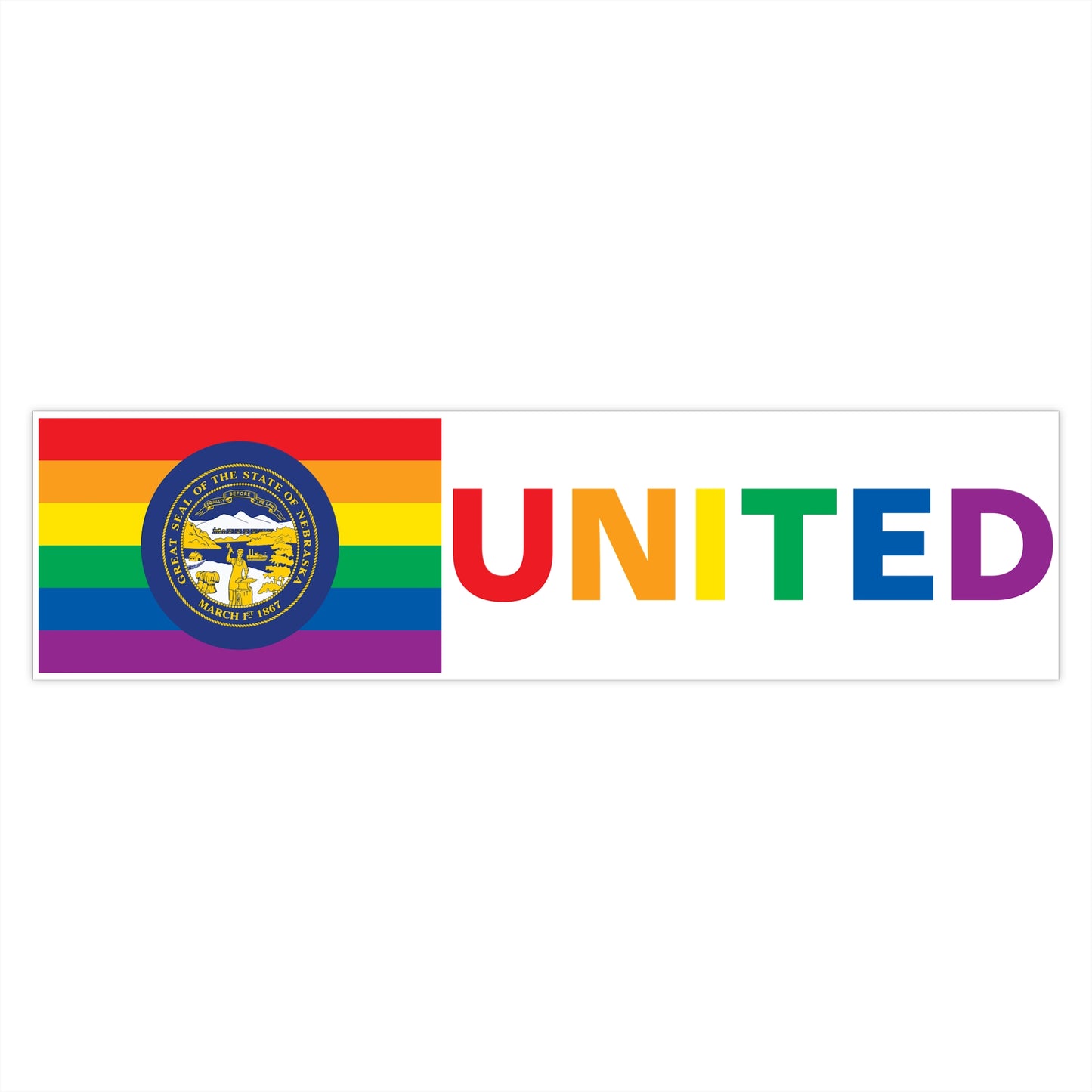 Nebraska Rainbow Pride Flag "UNITED" Bumper Sticker