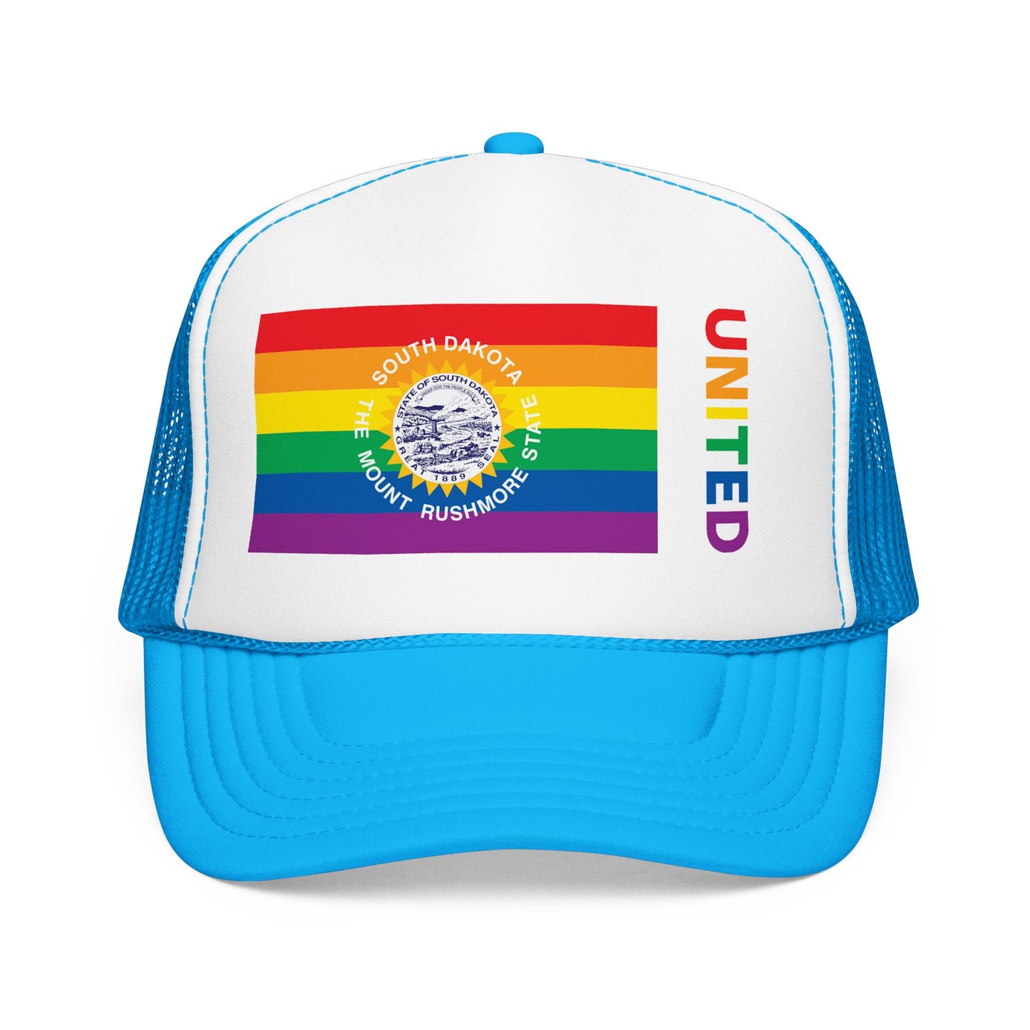 South Dakota Rainbow Pride Flag "UNITED" Printed Foam Trucker Hat, Several Color Options