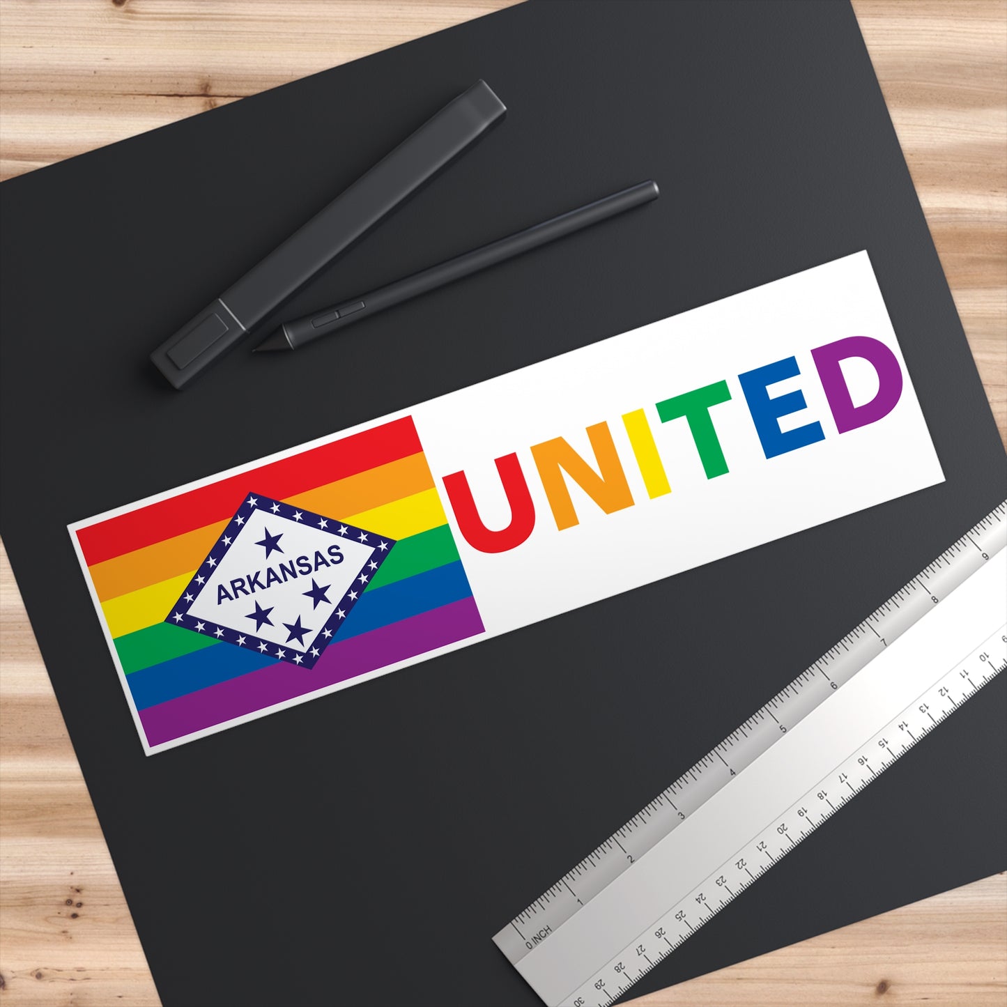 Arkansas Rainbow Pride Flag "UNITED" Bumper Sticker