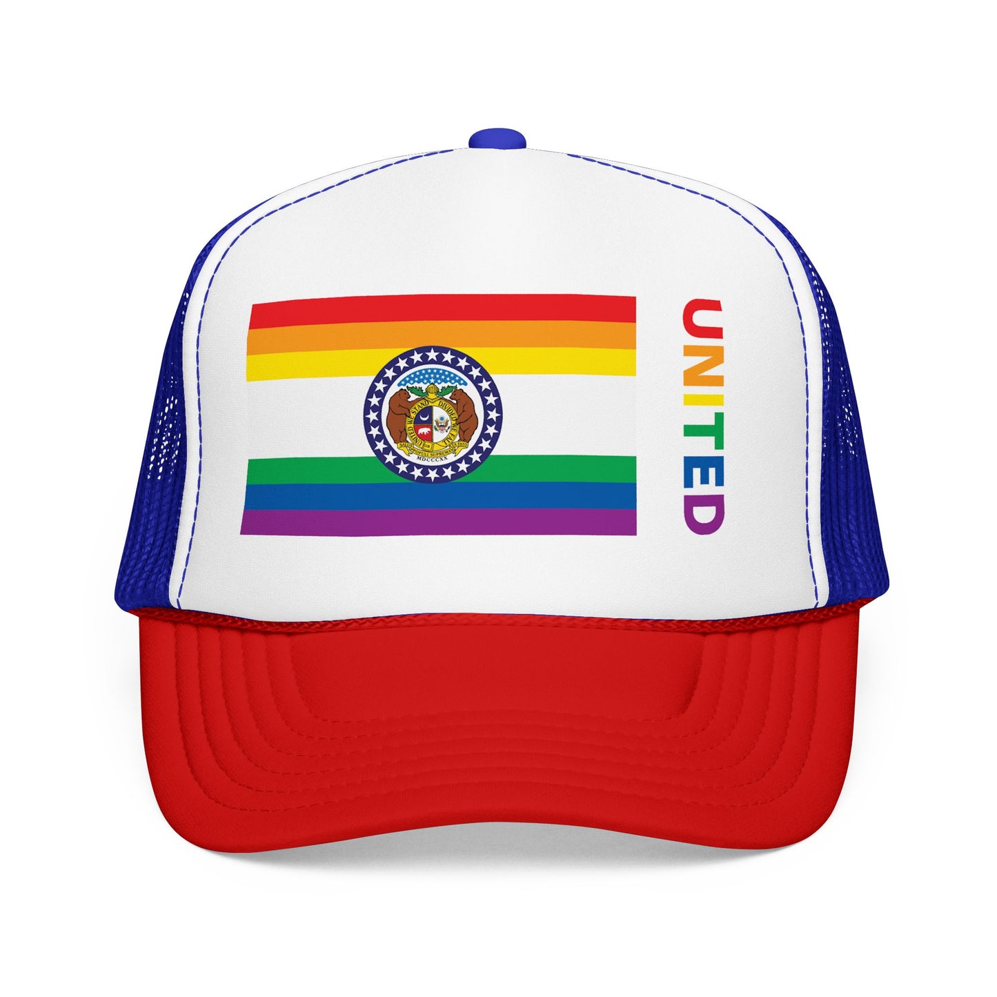 Missouri Rainbow Pride Flag "UNITED" Printed Foam Trucker Hat, Several Color Options