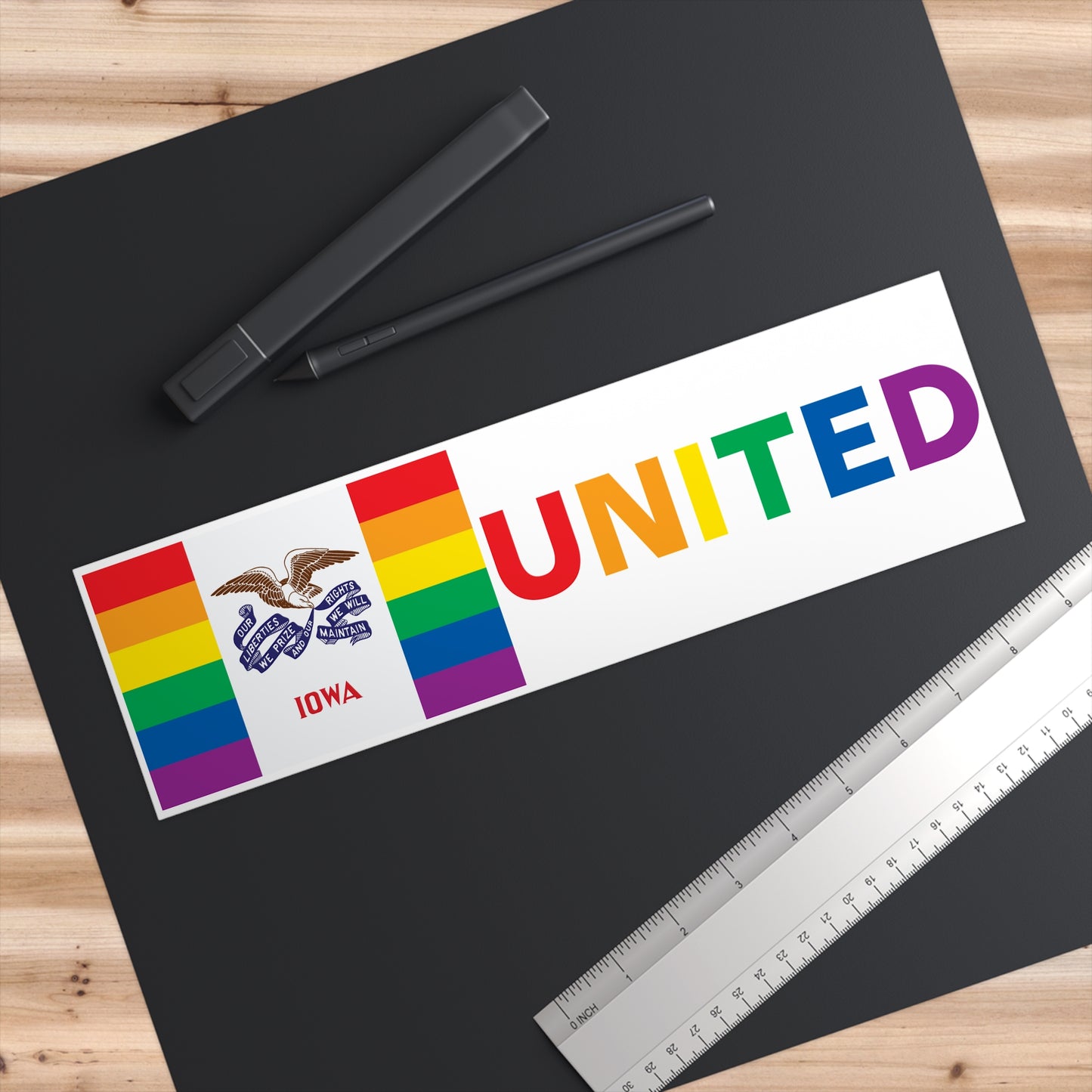 Iowa Rainbow Pride Flag "UNITED" Bumper Sticker