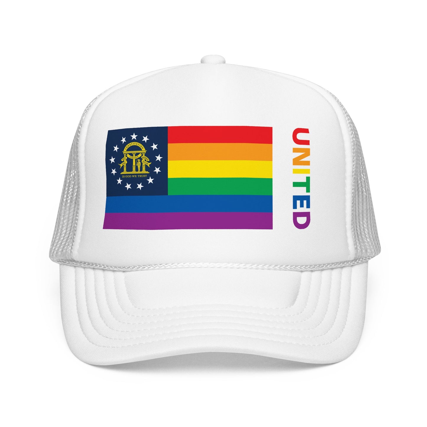 Georgia Rainbow Pride Flag "UNITED" Printed Foam Trucker Hat, Several Color Options
