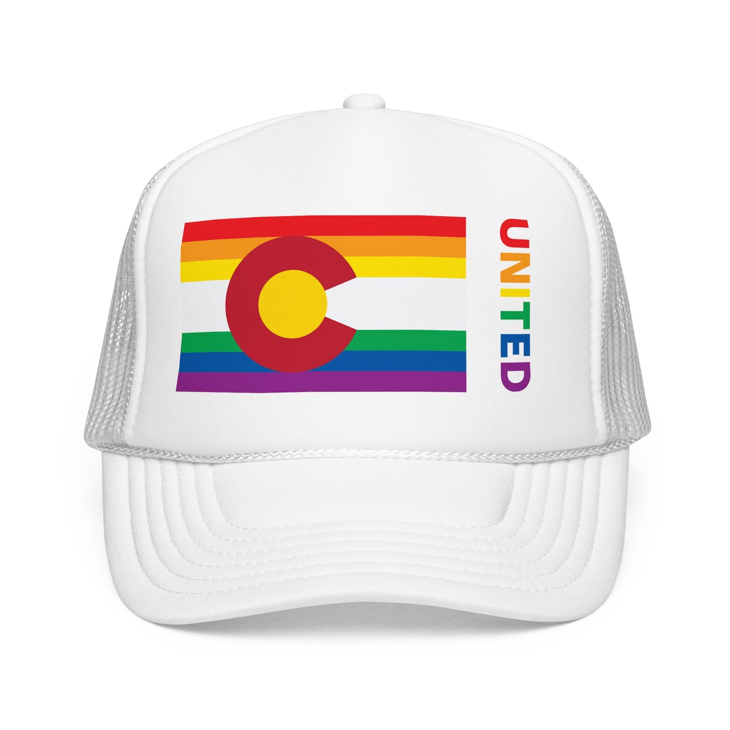 Colorado Rainbow Pride Flag "UNITED" Printed Foam Trucker Hat, Several Color Options