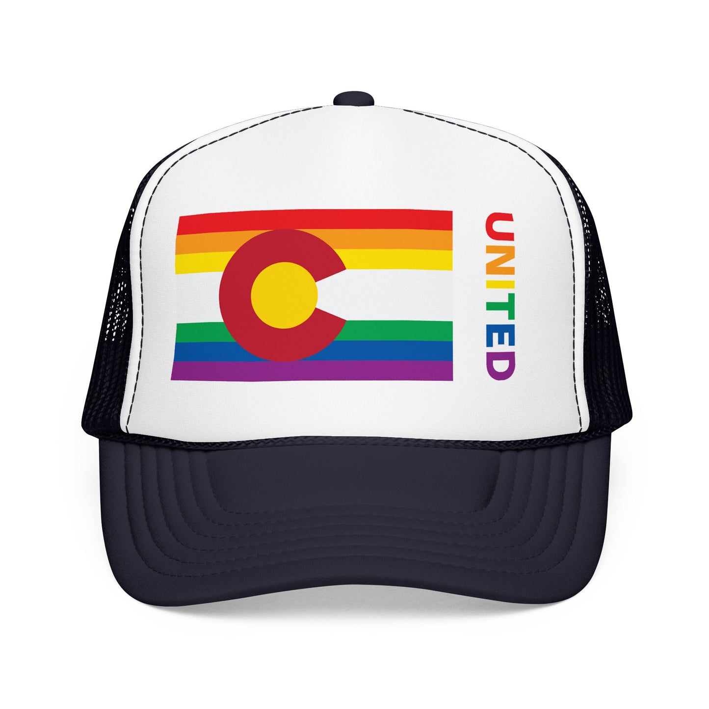 Colorado Rainbow Pride Flag "UNITED" Printed Foam Trucker Hat, Several Color Options
