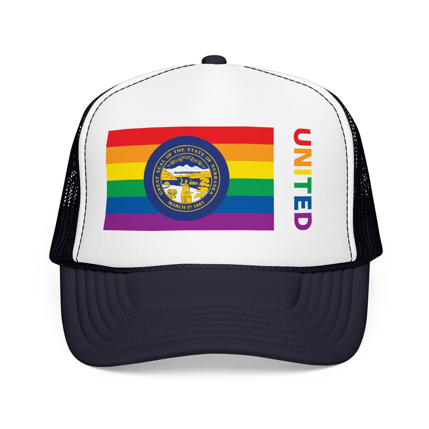 Nebraska Rainbow Pride Flag "UNITED" Printed Foam Trucker Hat, Several Color Options