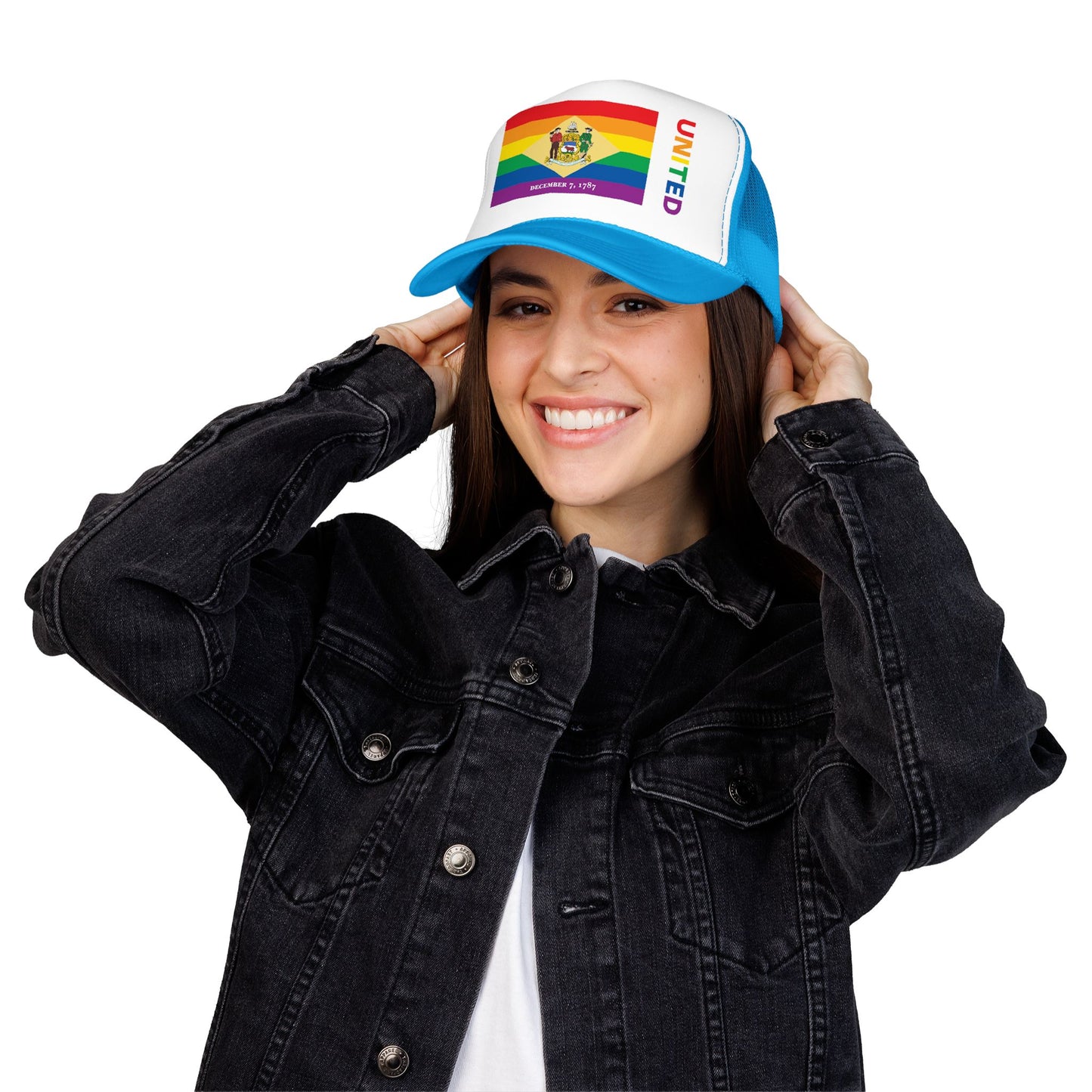 Delaware Rainbow Pride Flag "UNITED" Printed Foam Trucker Hat, Several Color Options