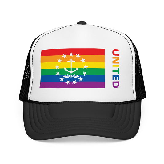 Rhode Island Rainbow Pride Flag "UNITED" Printed Foam Trucker Hat, Several Color Options