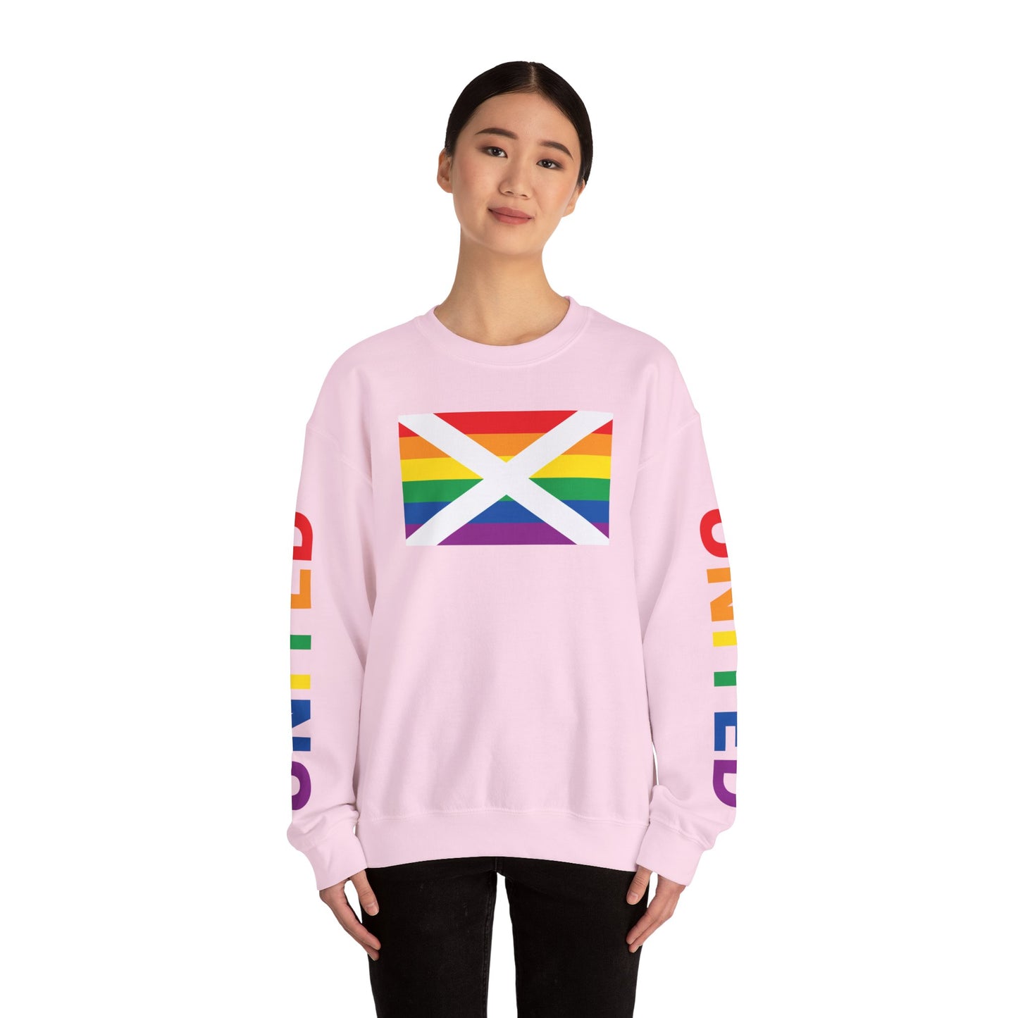 Alabama Rainbow Pride Flag, "UNITED" Rainbow Printed Sleeve Design, Unisex Crewneck Sweatshirt
