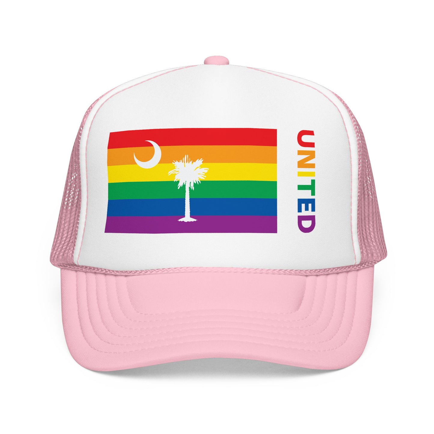 South Carolina Rainbow Pride Flag "UNITED" Printed Foam Trucker Hat, Several Color Options