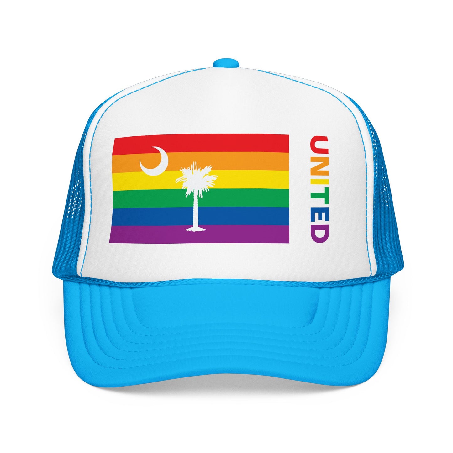 South Carolina Rainbow Pride Flag "UNITED" Printed Foam Trucker Hat, Several Color Options