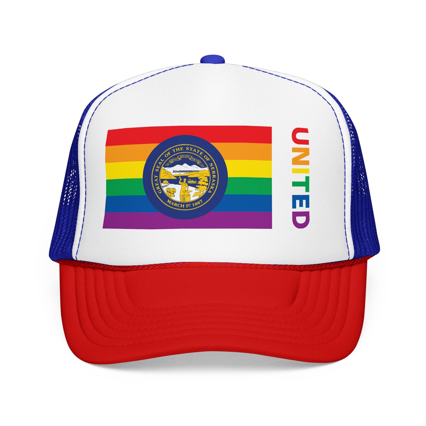 Nebraska Rainbow Pride Flag "UNITED" Printed Foam Trucker Hat, Several Color Options