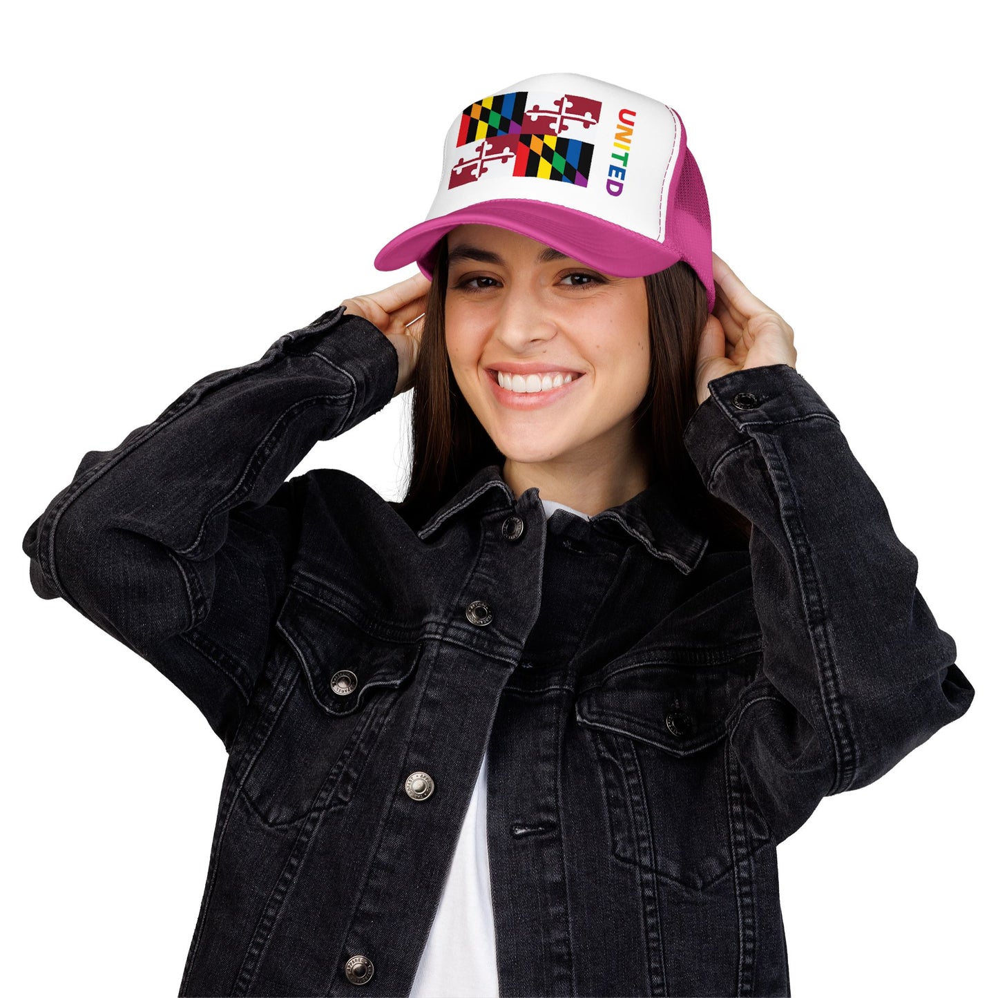 Maryland Rainbow Pride Flag "UNITED" Printed Foam Trucker Hat, Several Color Options