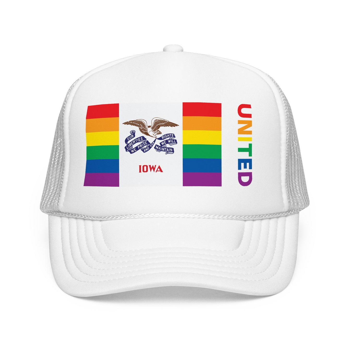 Iowa Rainbow Pride Flag "UNITED" Printed Foam Trucker Hat, Several Color Options