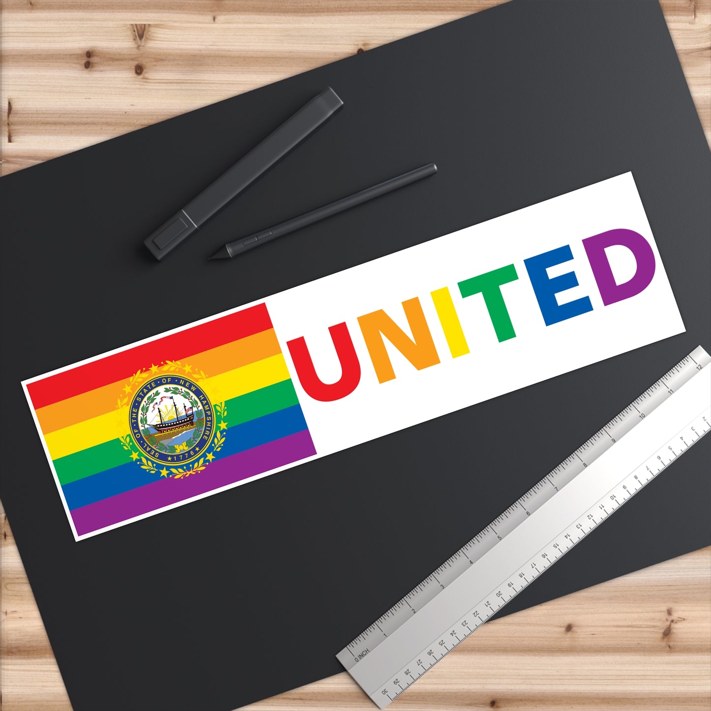 New Hampshire Rainbow Pride Flag "UNITED" Bumper Sticker