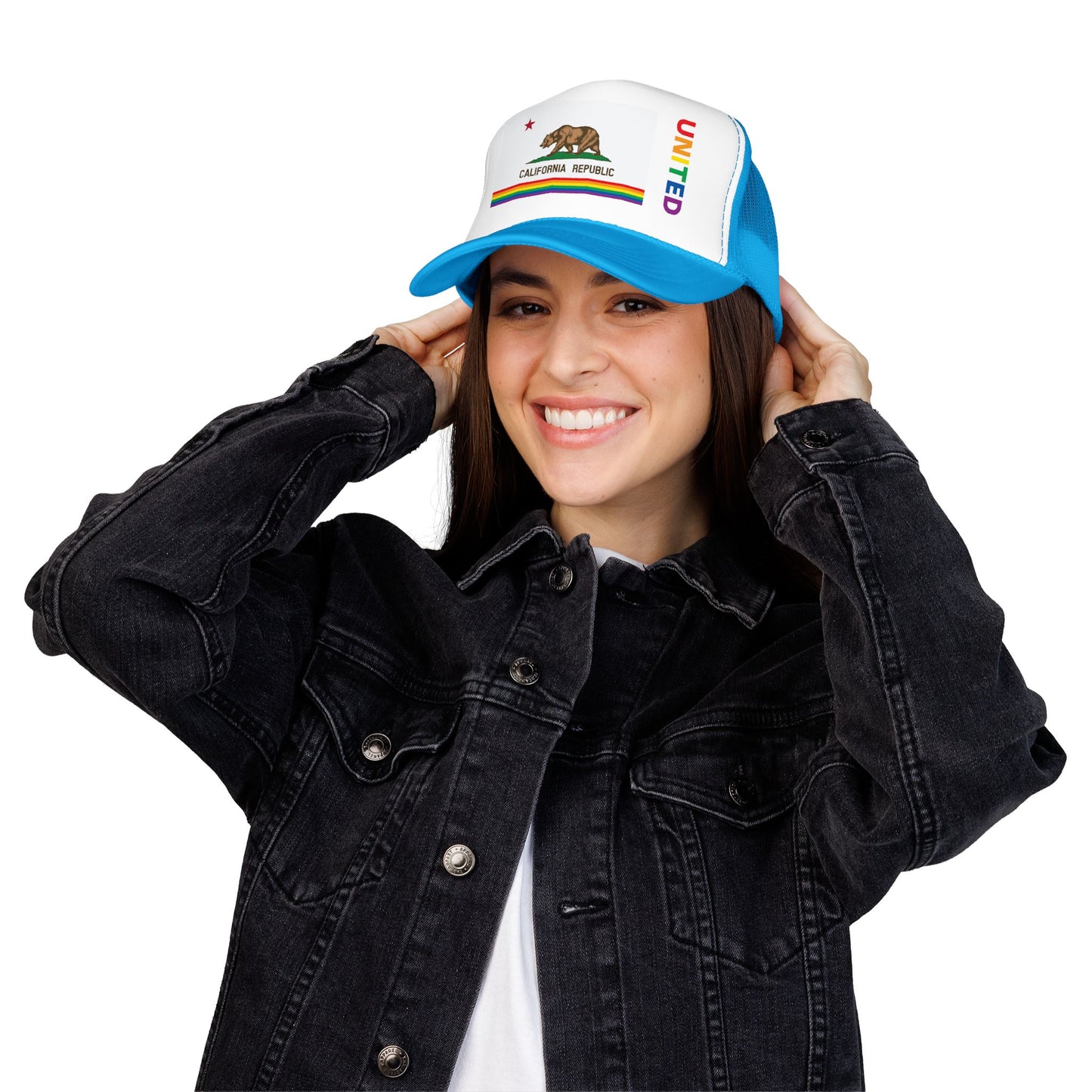 California Rainbow Pride Flag "UNITED" Printed Foam Trucker Hat, Several Color Options