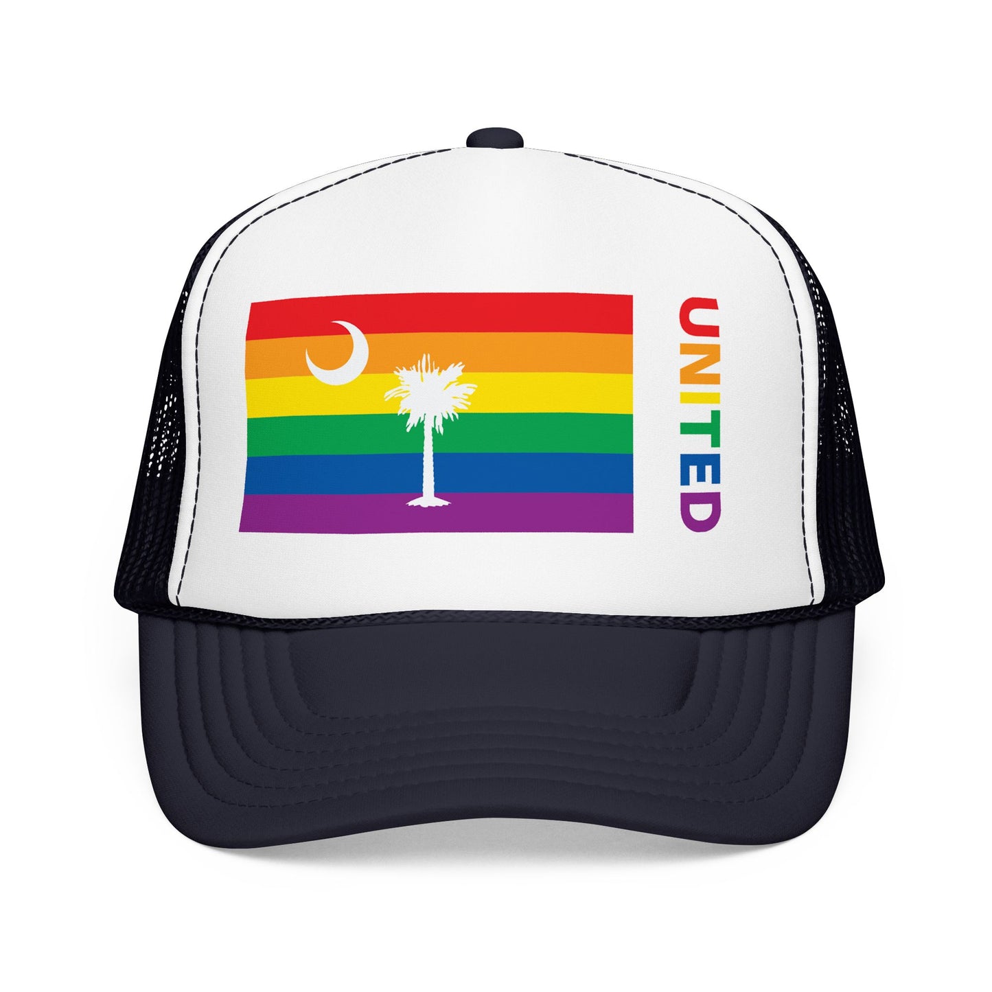 South Carolina Rainbow Pride Flag "UNITED" Printed Foam Trucker Hat, Several Color Options