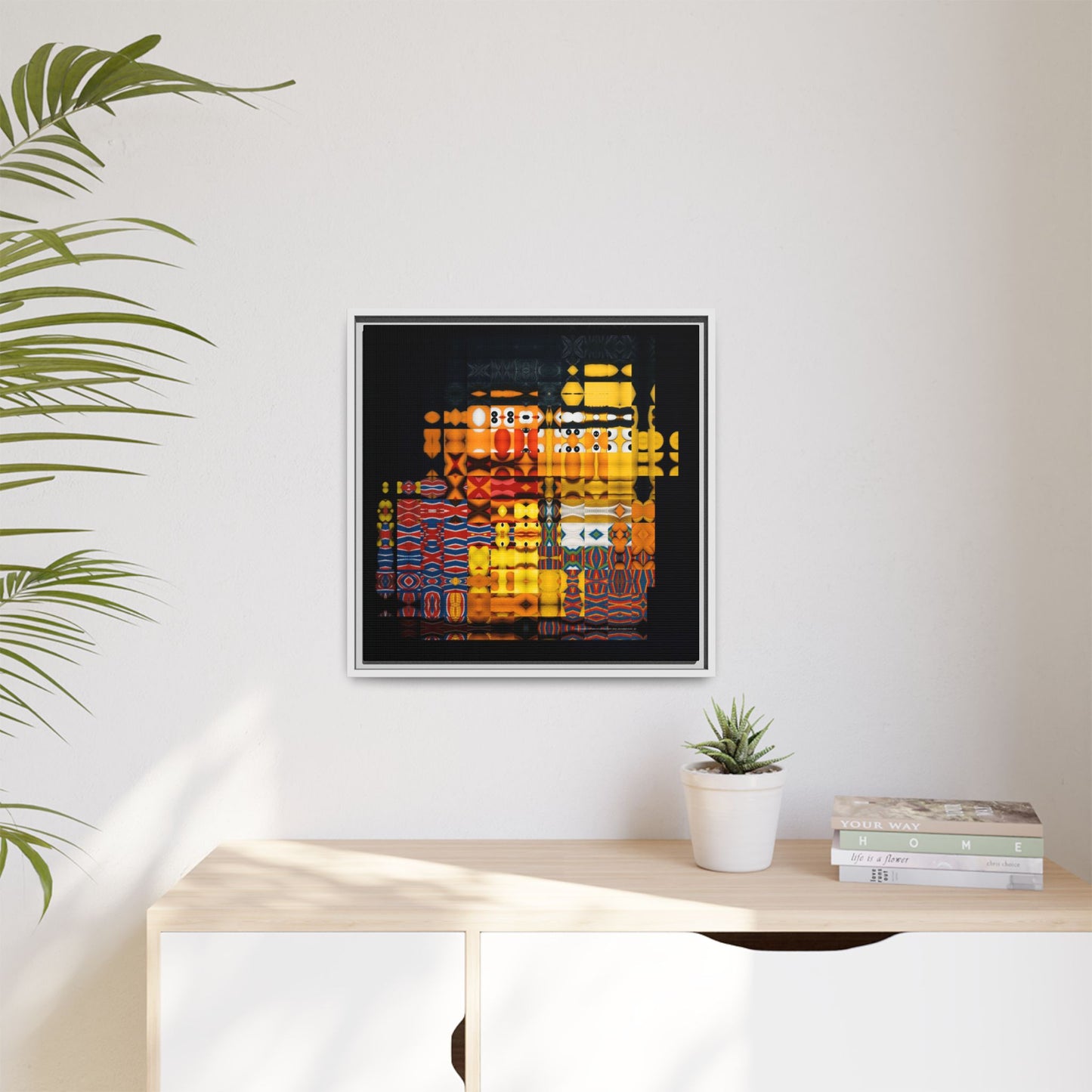 Iconic Domestic Partners in Plain Sight: Bert, Ernie, and Rubber Ducky Abstract Portrait Collage Art — Matte Canvas, Framed (Multi-color options)