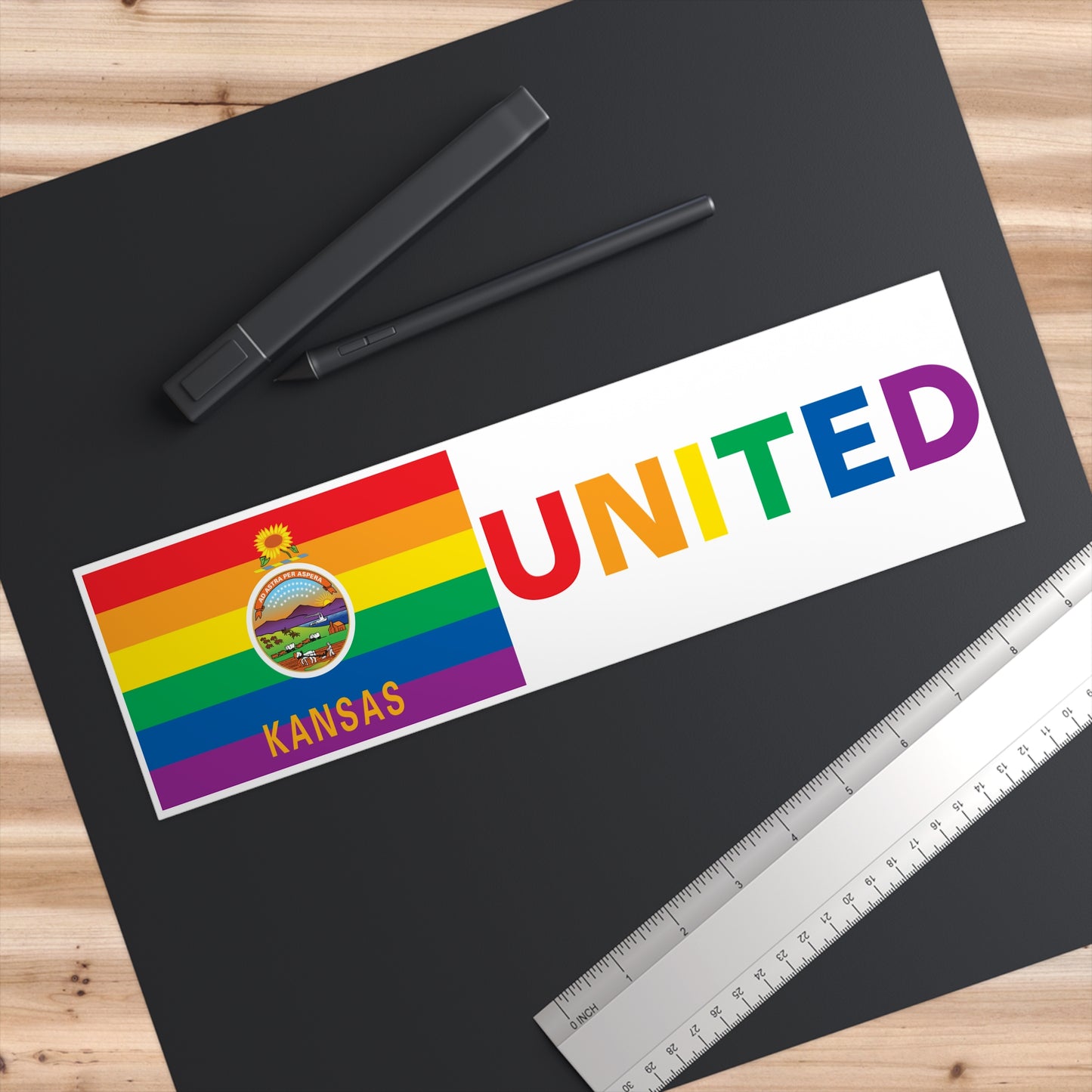 Kansas Rainbow Pride Flag "UNITED" Bumper Sticker
