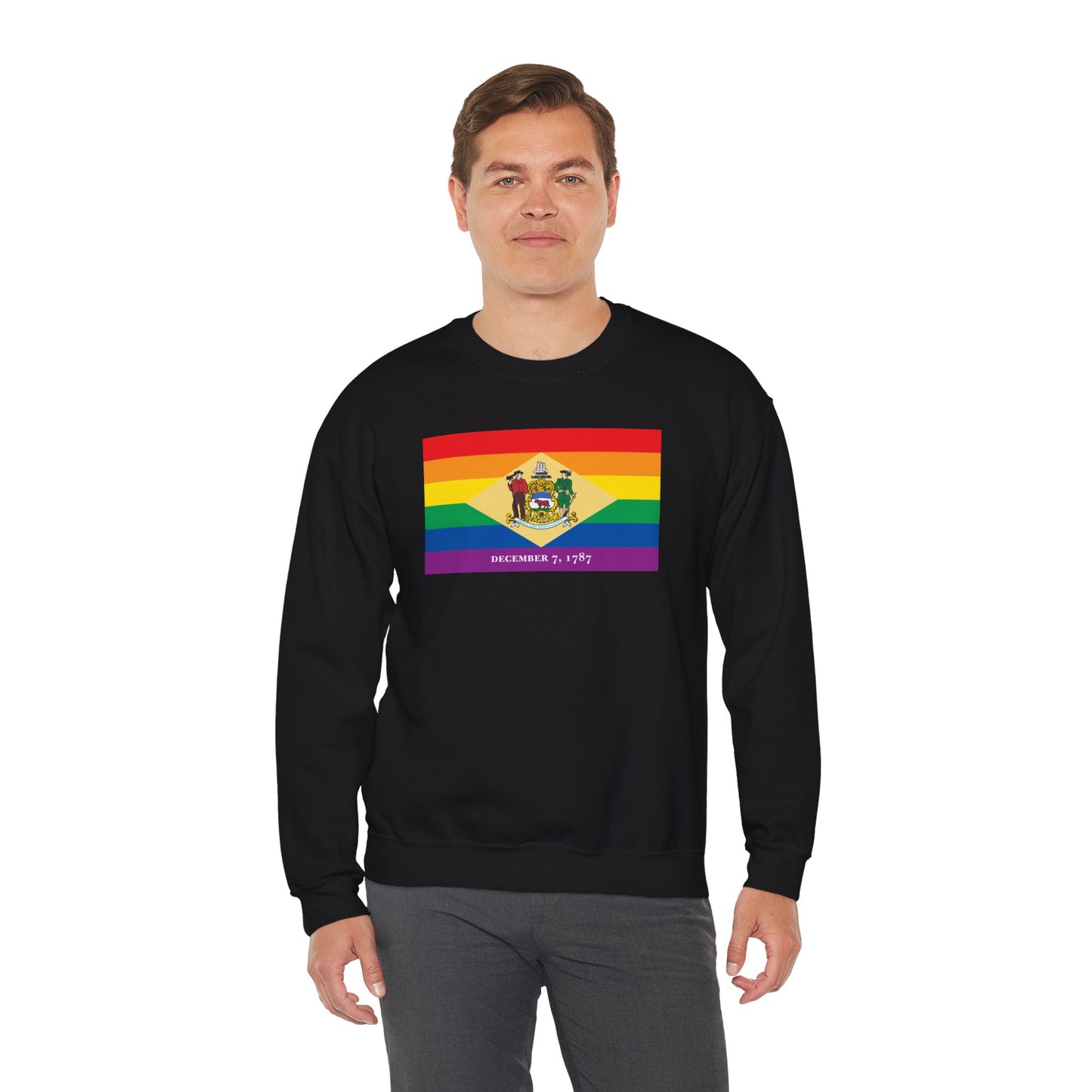 Delaware Rainbow Pride Flag Unisex Crewneck Sweatshirt—White, Black or Light Pink