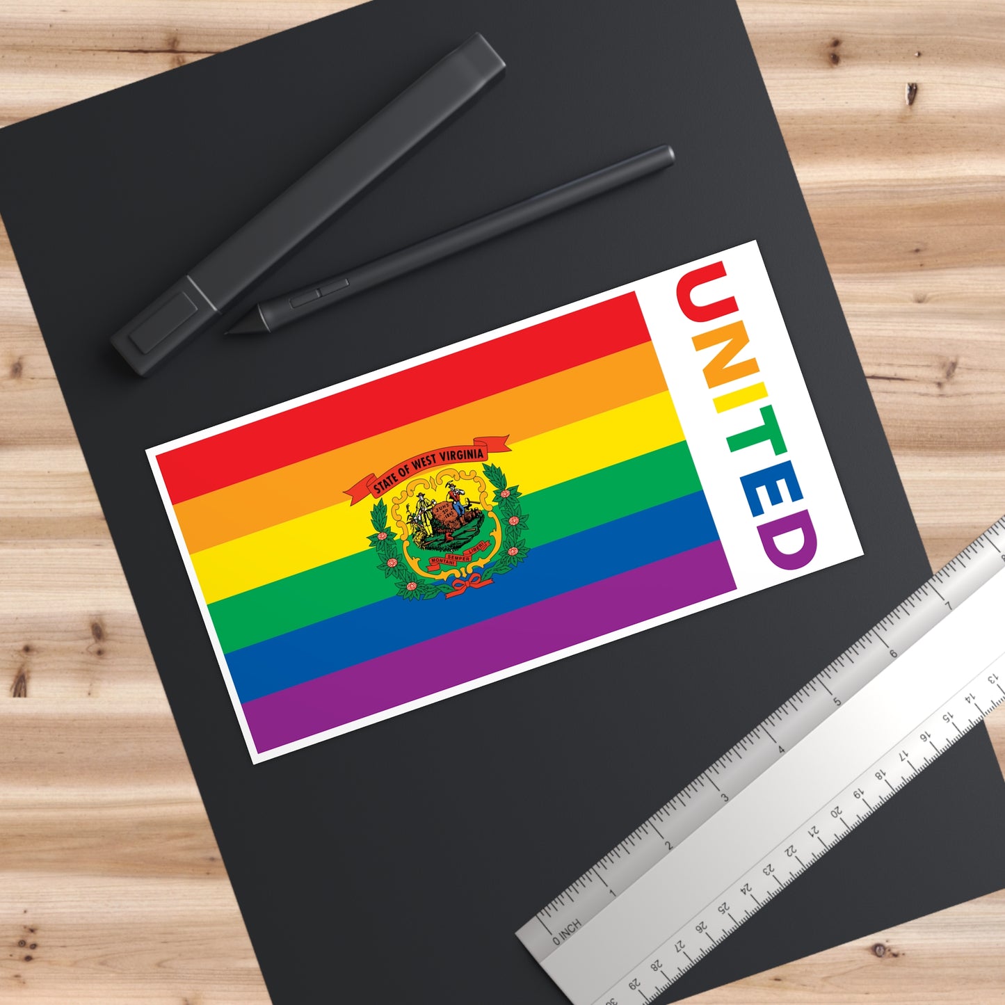 West Virginia Rainbow Pride Flag "UNITED" Bumper Sticker