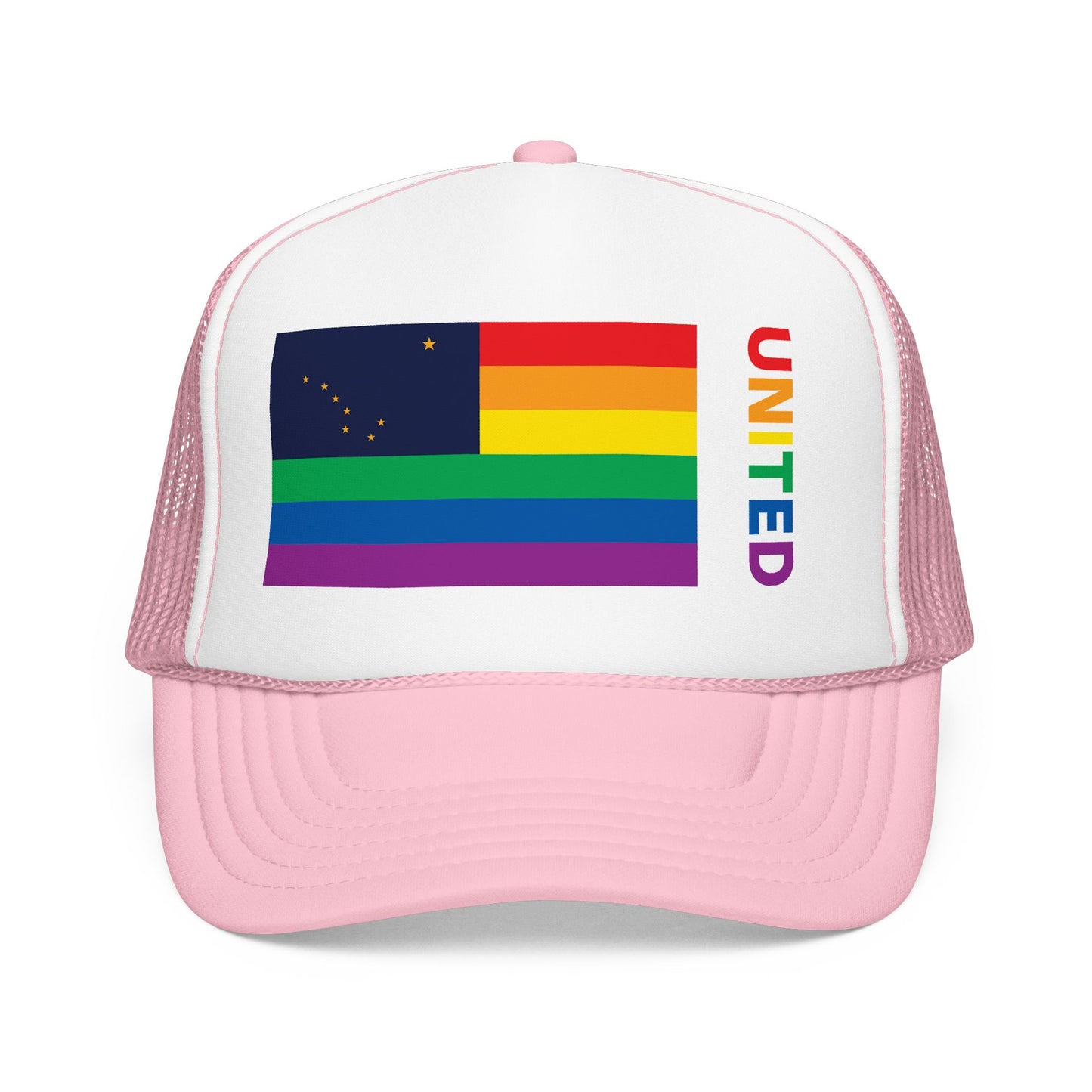 Alaska Rainbow Pride Flag "UNITED" Printed Foam Trucker Hat, Several Color Options