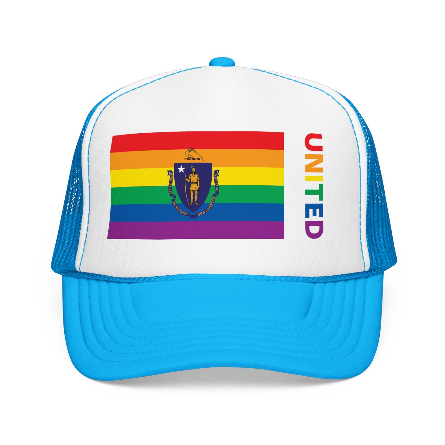 Massachusetts Rainbow Pride Flag "UNITED" Printed Foam Trucker Hat, Several Color Options