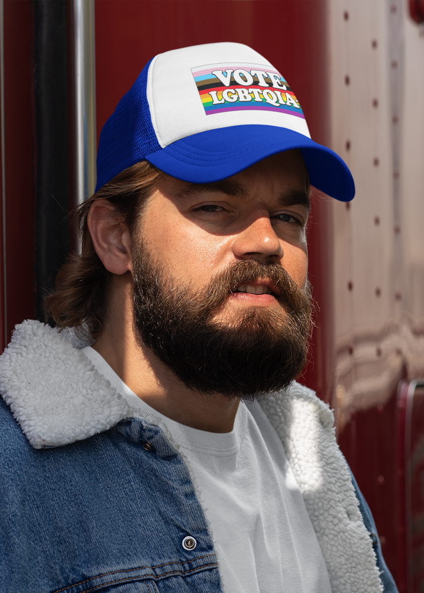 VOTE LGBTQIA+ Trucker Cap — LGBTQIA+ Rights & Equality Statement Hat