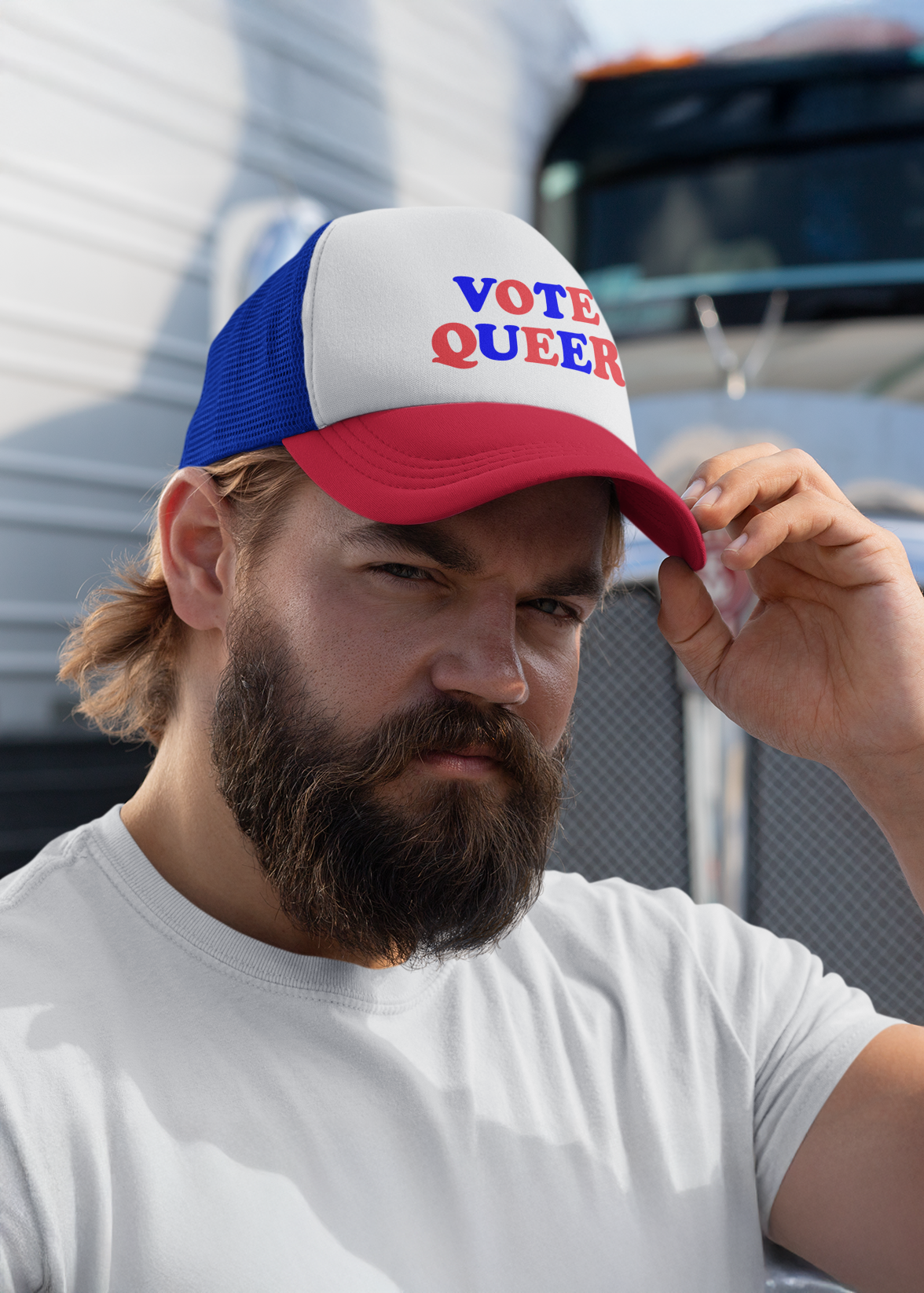 VOTE QUEER Trucker Cap — Queer Visibility & Voter Action Statement Hat
