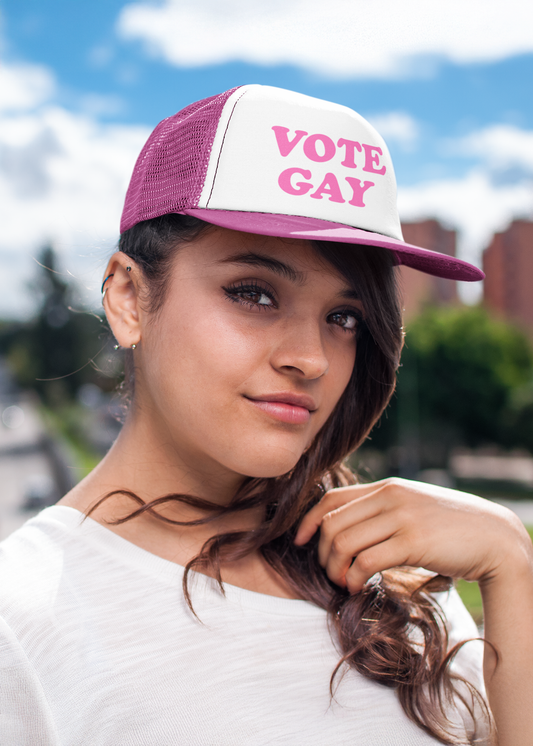 VOTE GAY Trucker Cap — LGBTQIA+ Rights & Equality Statement Hat