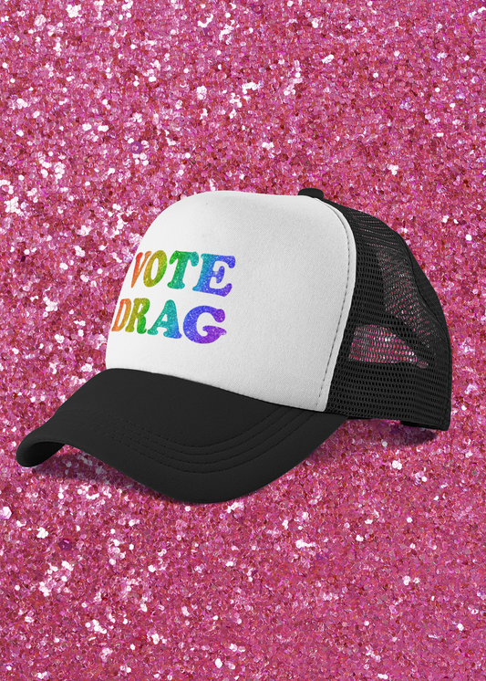 VOTE DRAG Trucker Cap: Rainbow Glitter — Drag Visibility & Creative Freedom Statement Hat