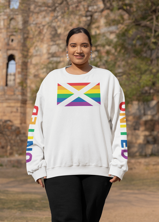 Alabama Rainbow Pride Flag, "UNITED" Rainbow Printed Sleeve Design, Unisex Crewneck Sweatshirt