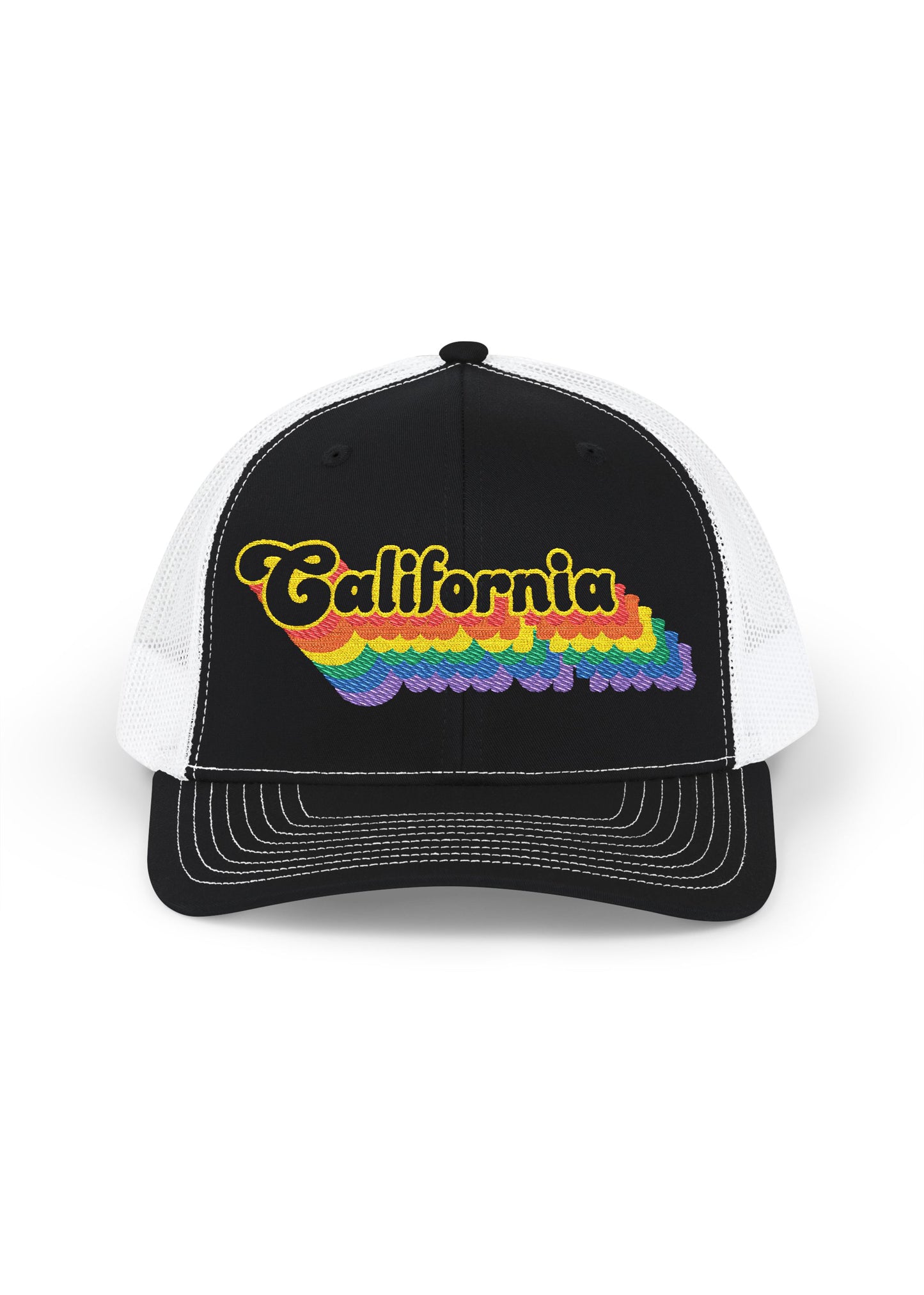 California Retro Rainbow Stack Embroidered Trucker, Snapback Trucker Cap, Black front with White mesh in back