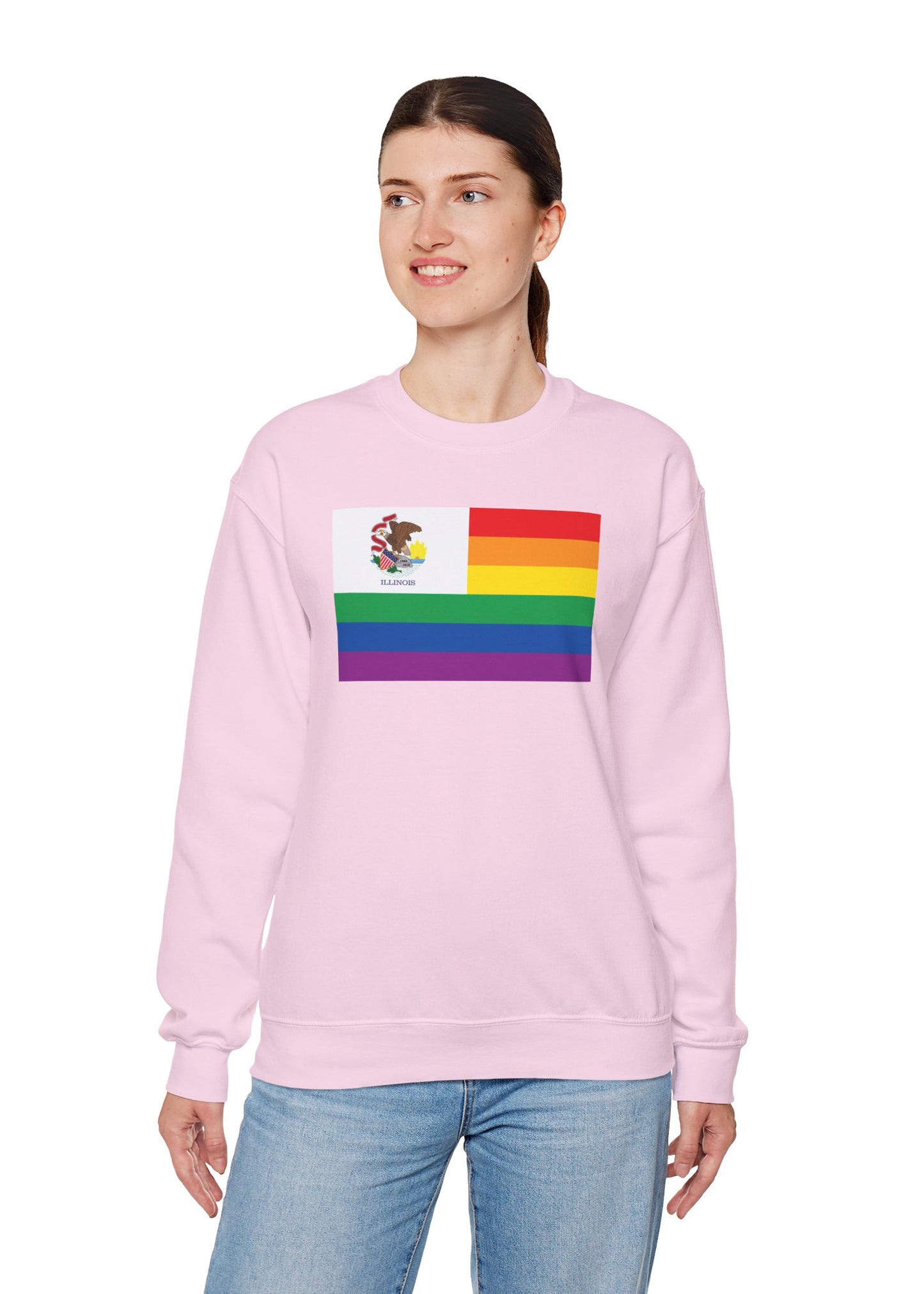 Illinois Rainbow Pride Flag Unisex Crewneck Sweatshirt—White, Black or Light Pink