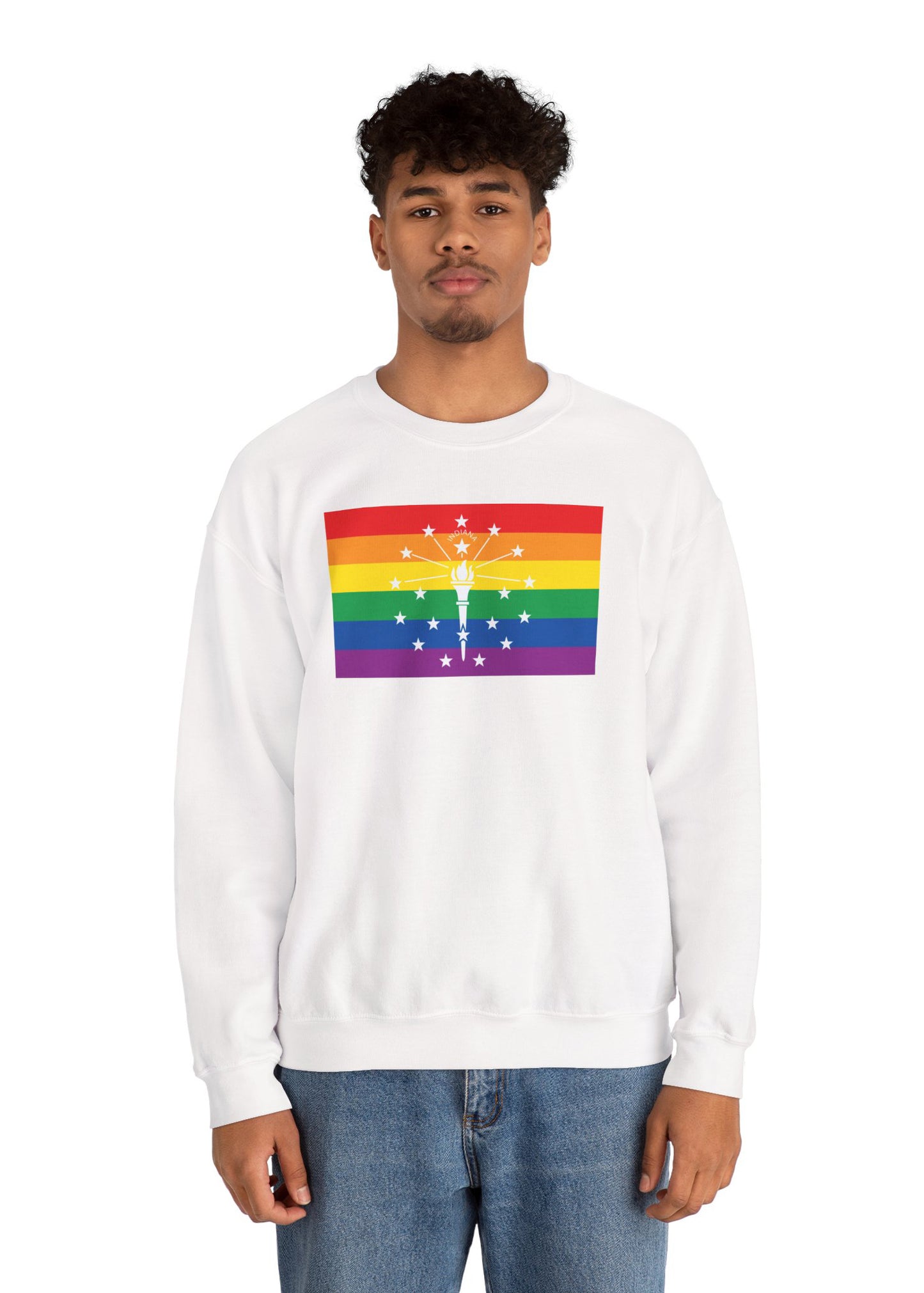 Indiana Rainbow Pride Flag Unisex Crewneck Sweatshirt—White, Black or Light Pink