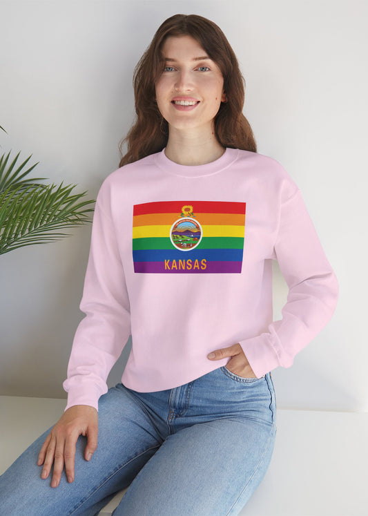 Kansas Rainbow Pride Flag Unisex Crewneck Sweatshirt—White, Black or Light Pink