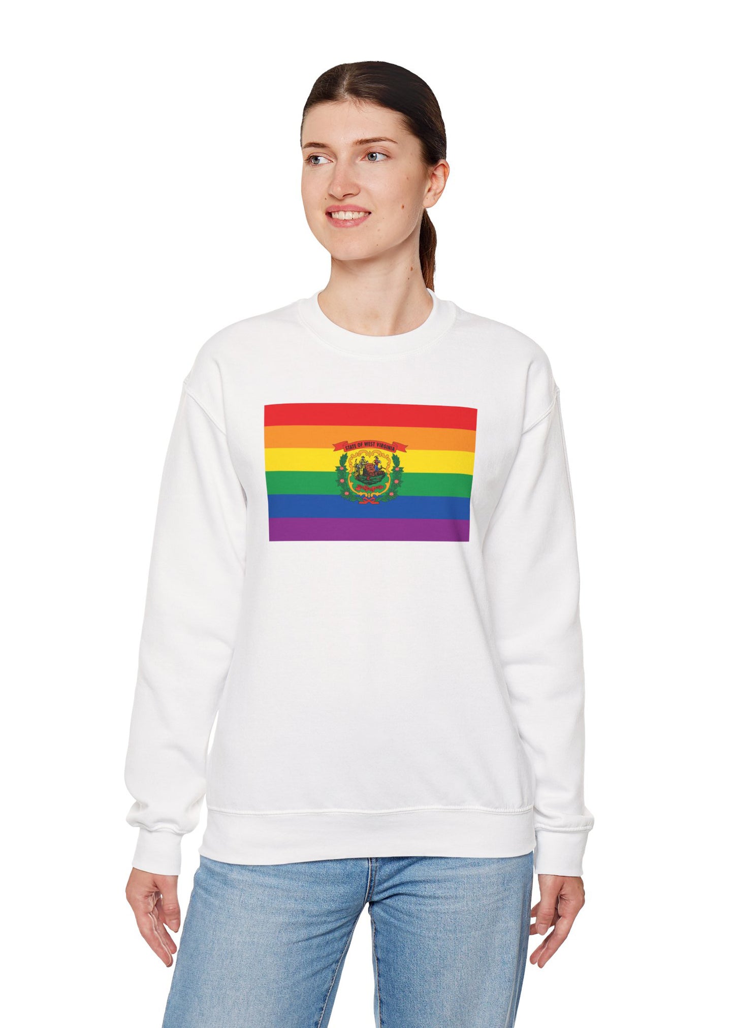 West Virginia Rainbow Pride Flag Unisex Crewneck Sweatshirt—White, Black or Light Pink